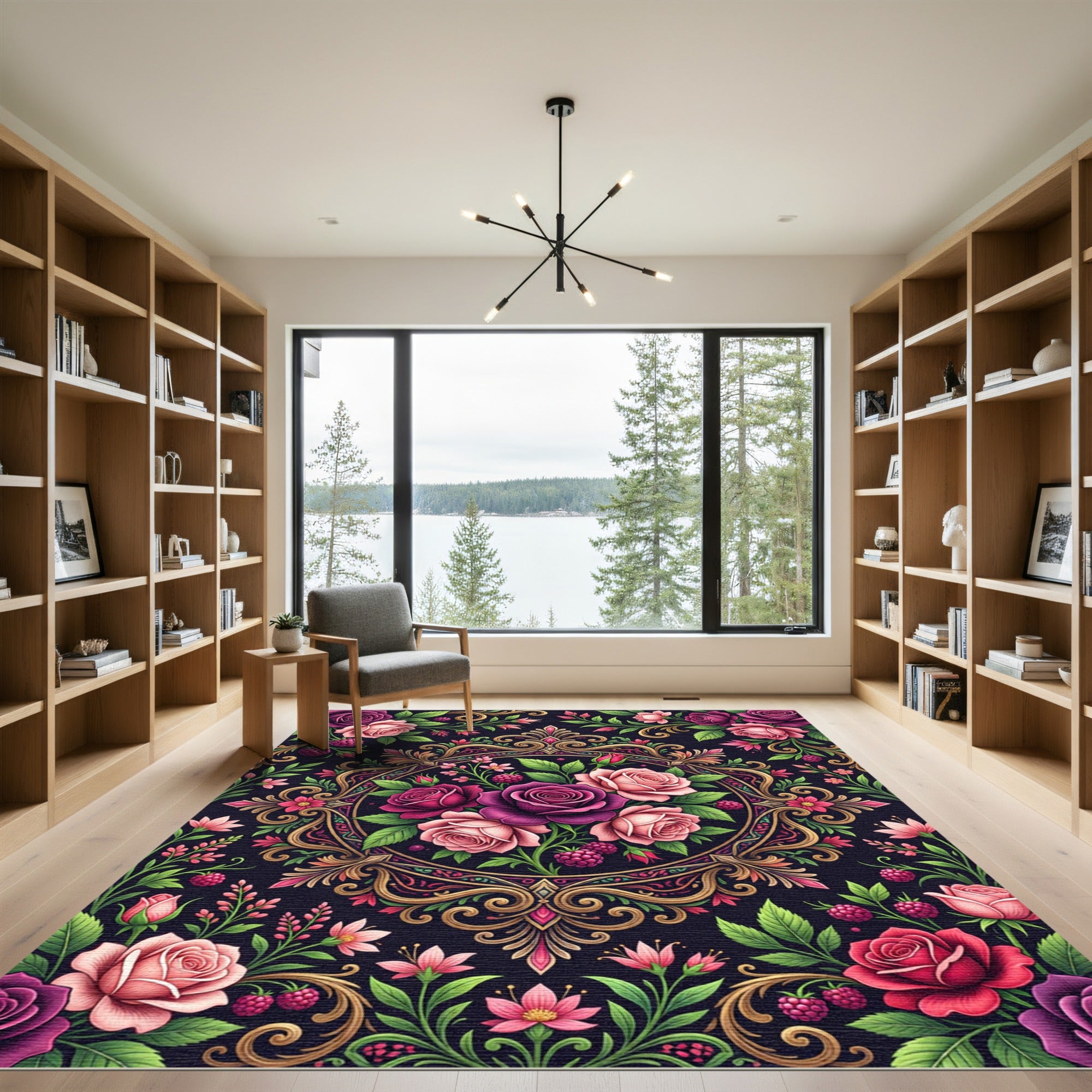 Romantic Gold Framed Rose Berry Medallion Rug