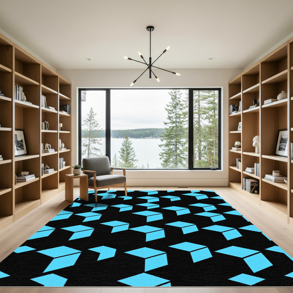 Cyan Geometric Isometric Cube Grid Rug