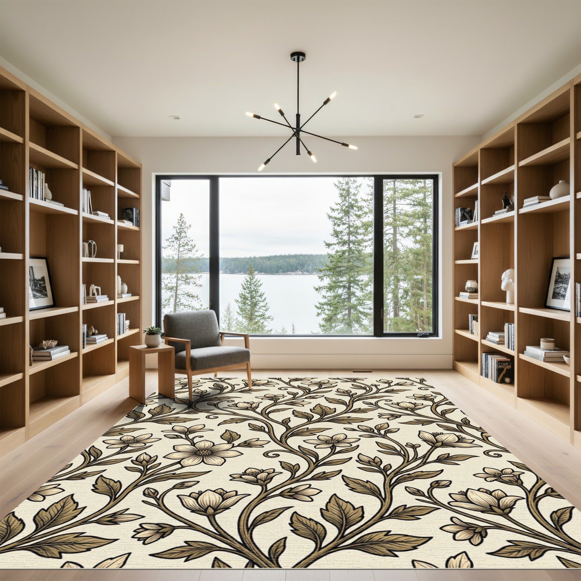 Cream and Brown Floral Vine Meadow Rug