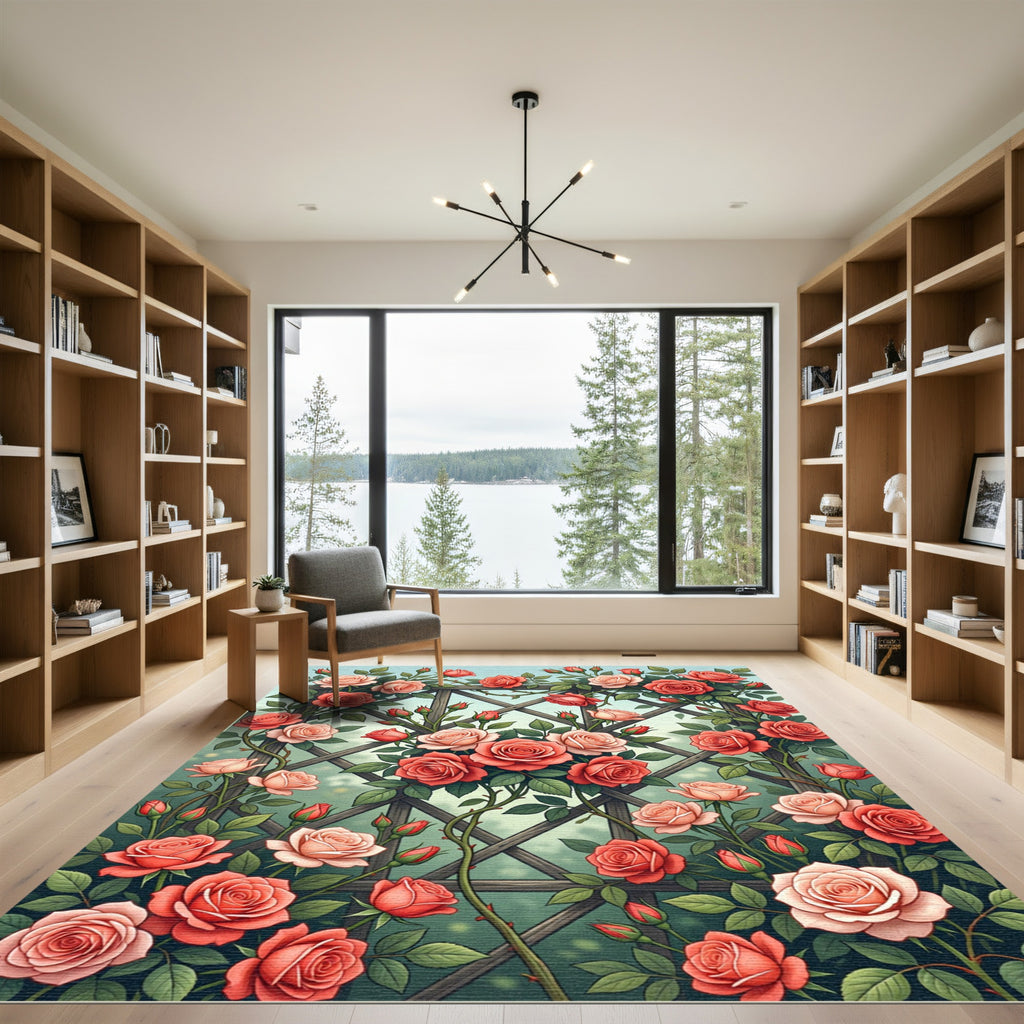 Romantic Red and Blush Rose Trellis Rug