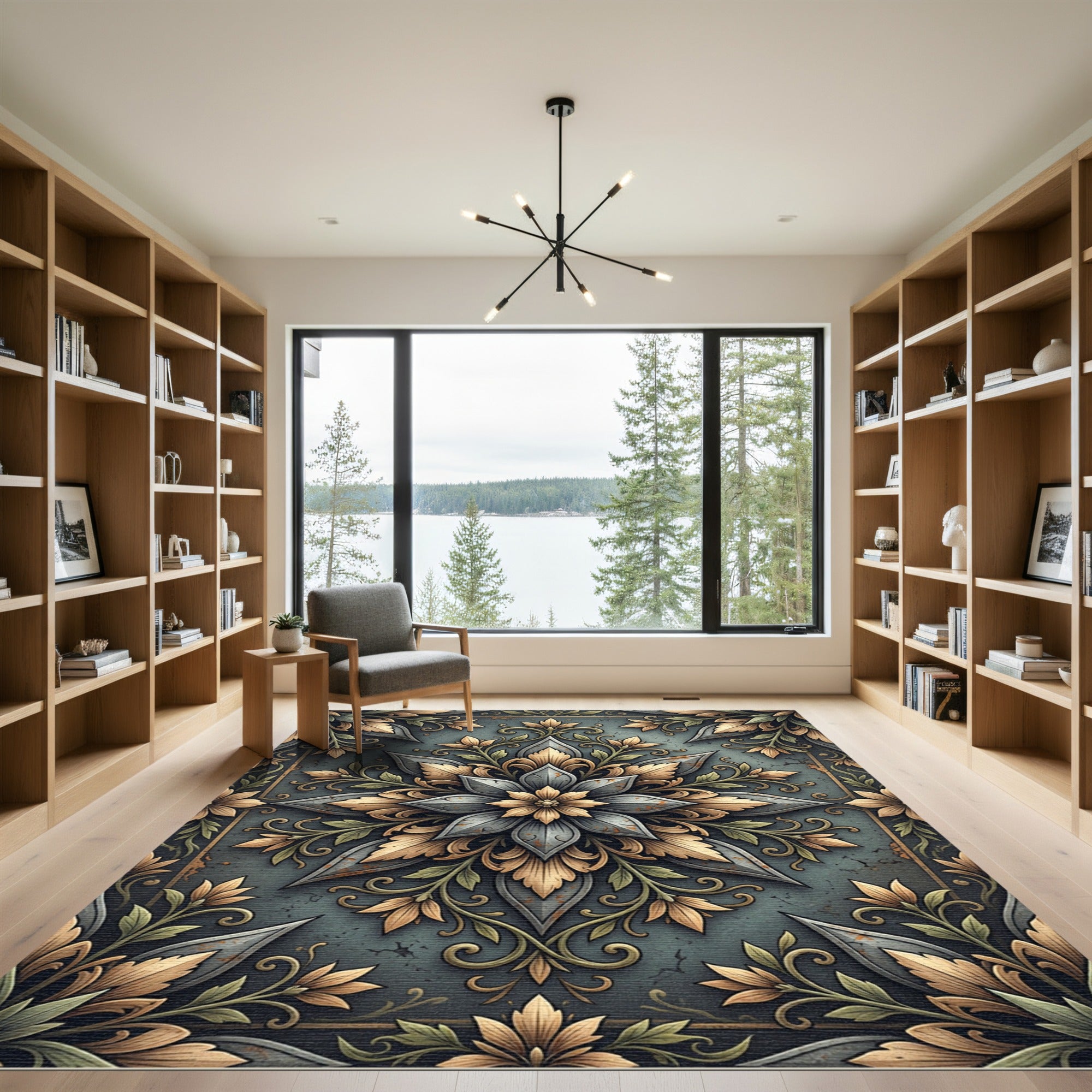 Ornate Slate and Gold Floral Medallion Rug