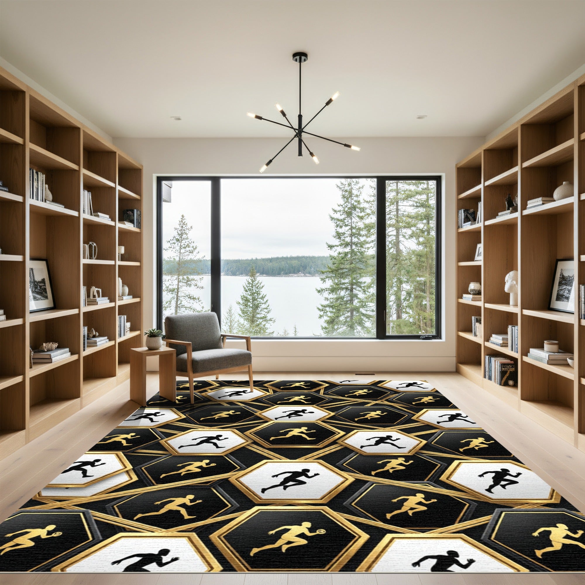 Monochrome Golden Hexagon Athletic Runner Art Rug