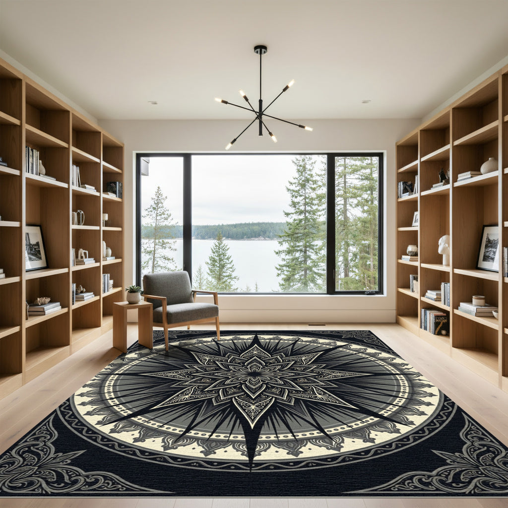 Monochromatic Ornate Star Mandala Medallion Rug