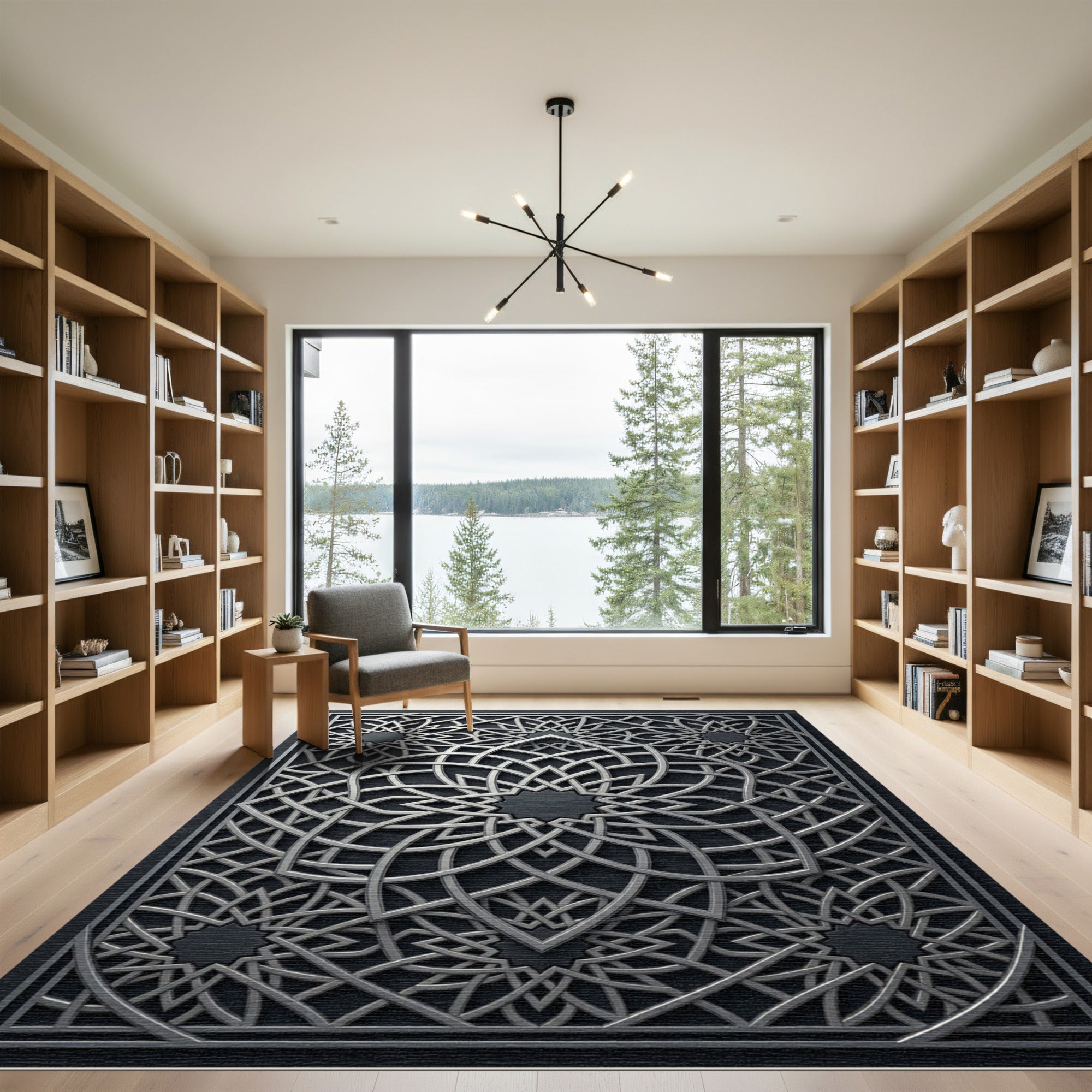 Silver Geometric Medallion Interlocking Lattice Rug