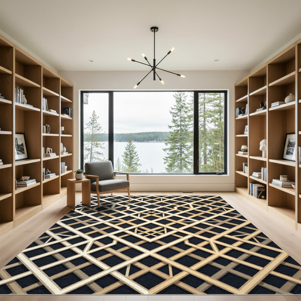 Gold Metallic Geometric Art Deco Lattice Rug