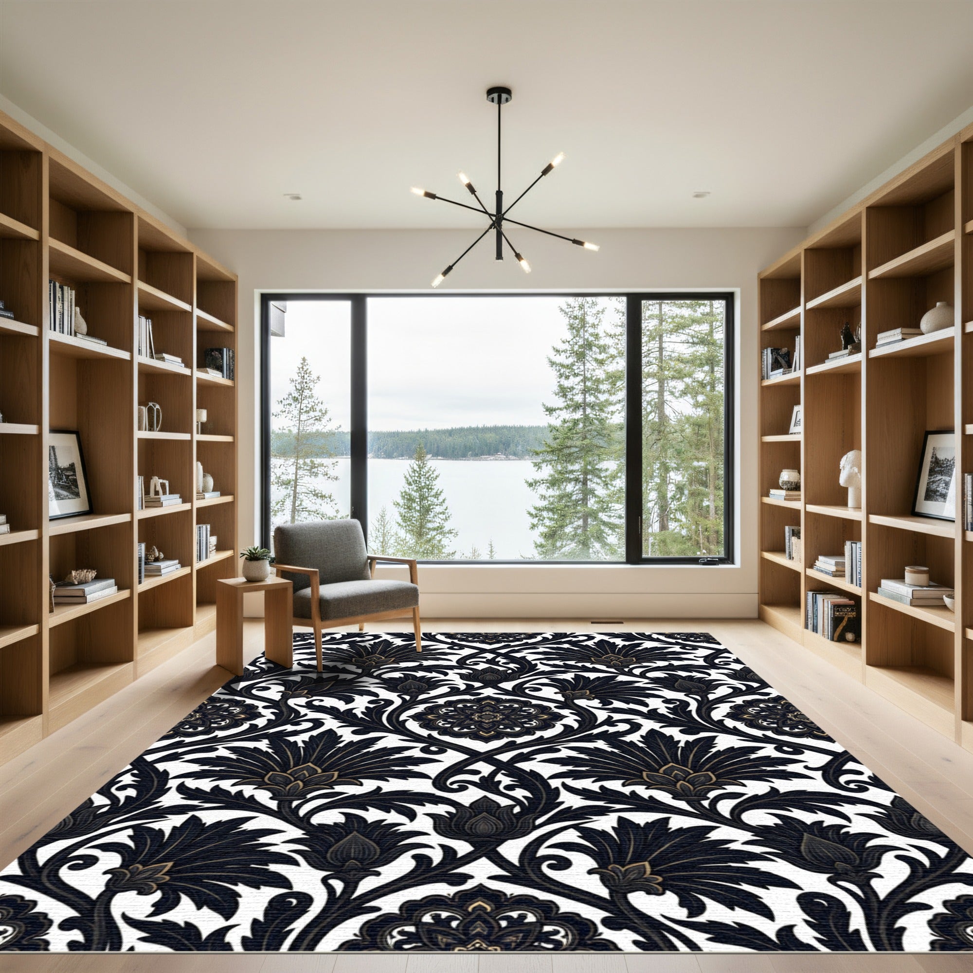 Black Gold Floral Damask Art Rug