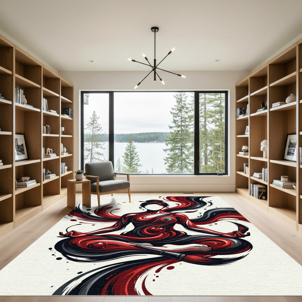 Zen Cherry Ink Flow Abstract Art Rug