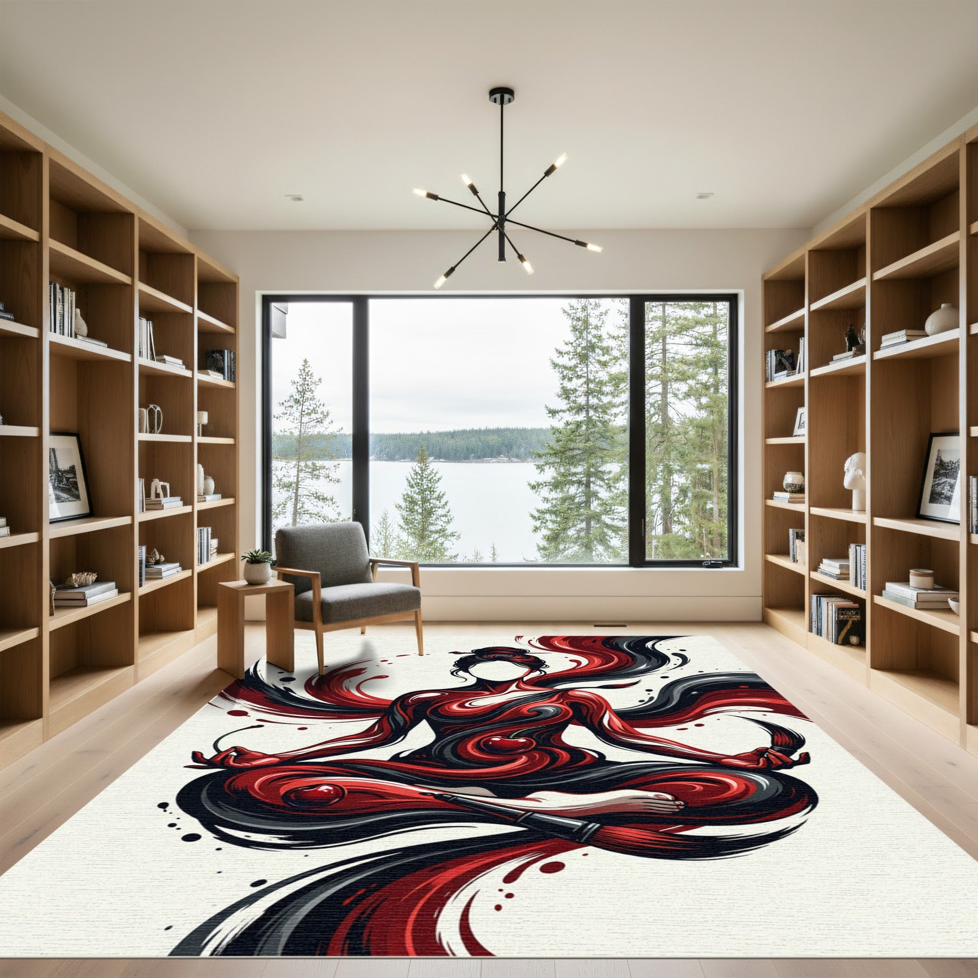 Zen Cherry Ink Flow Abstract Art Rug