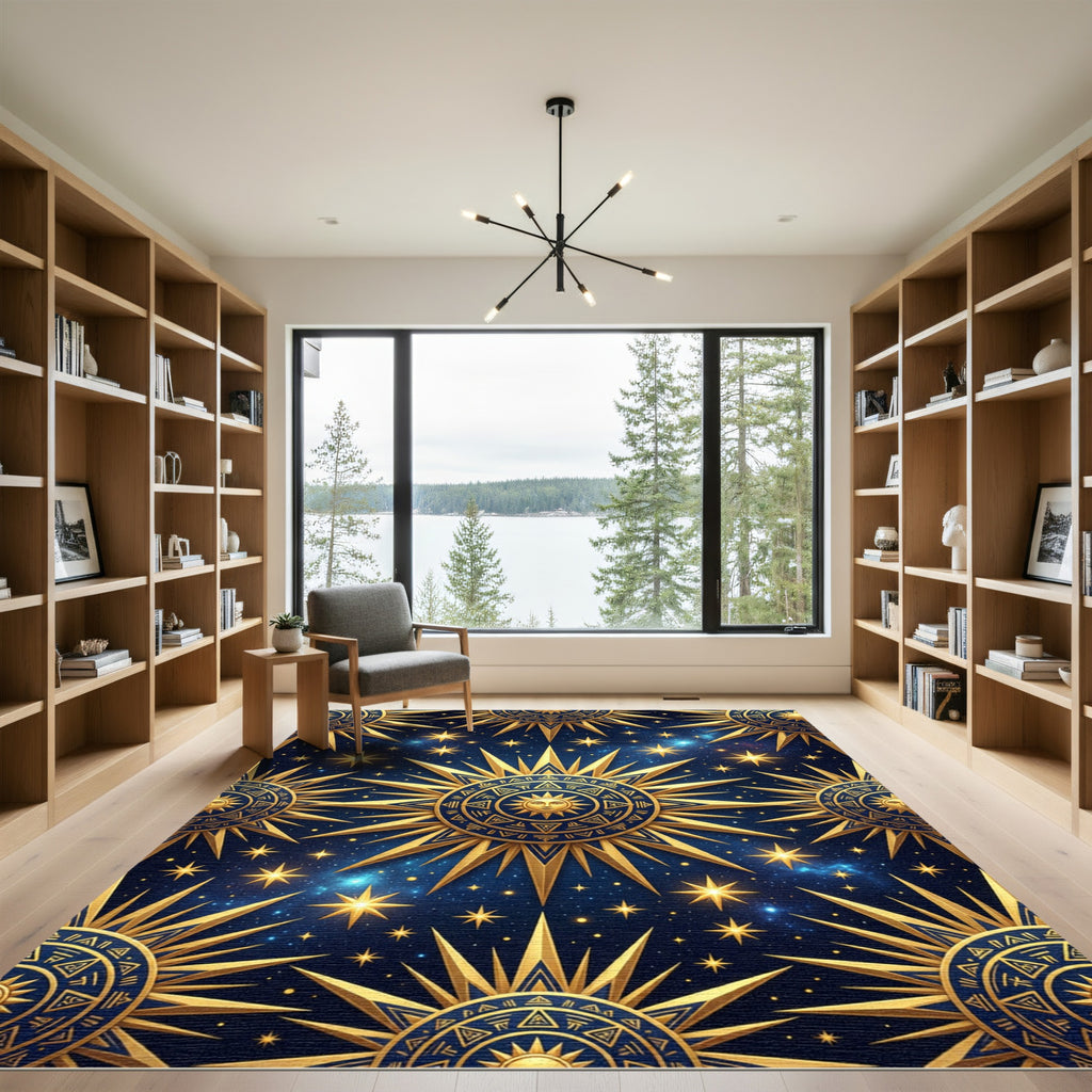 Celestial Golden Sun Navy Cosmic Rug