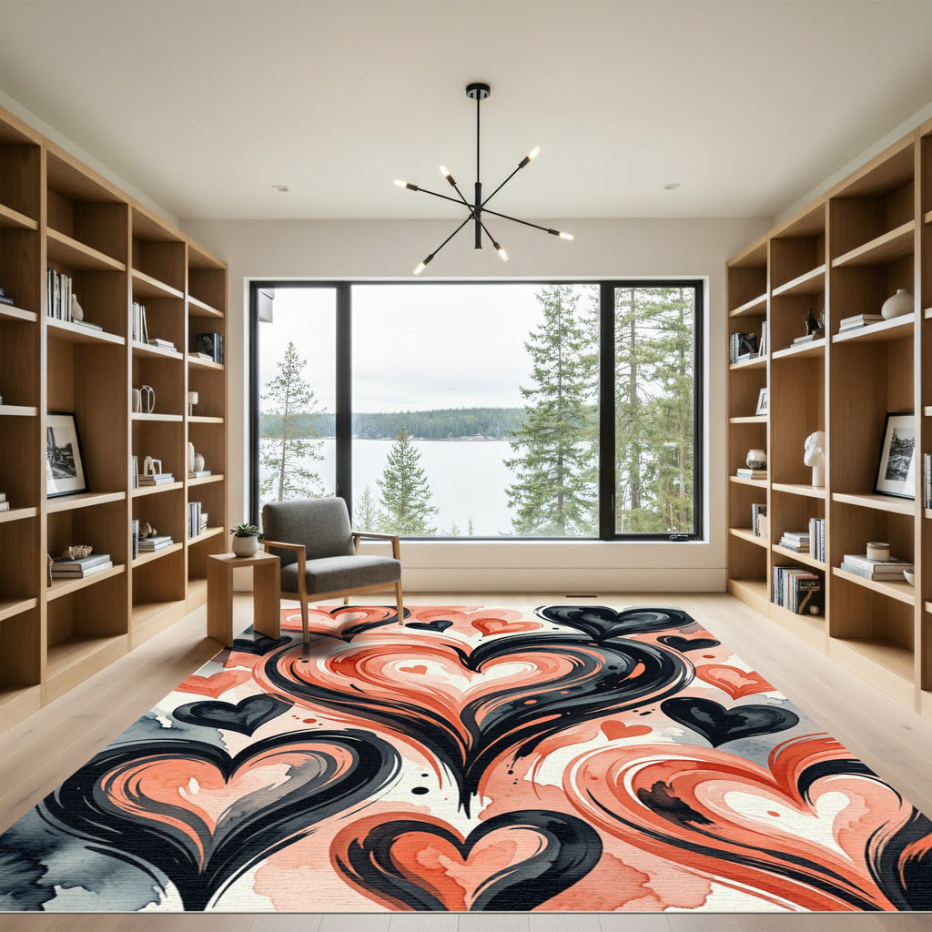 Crimson Black Heart Swirl Watercolor Rug