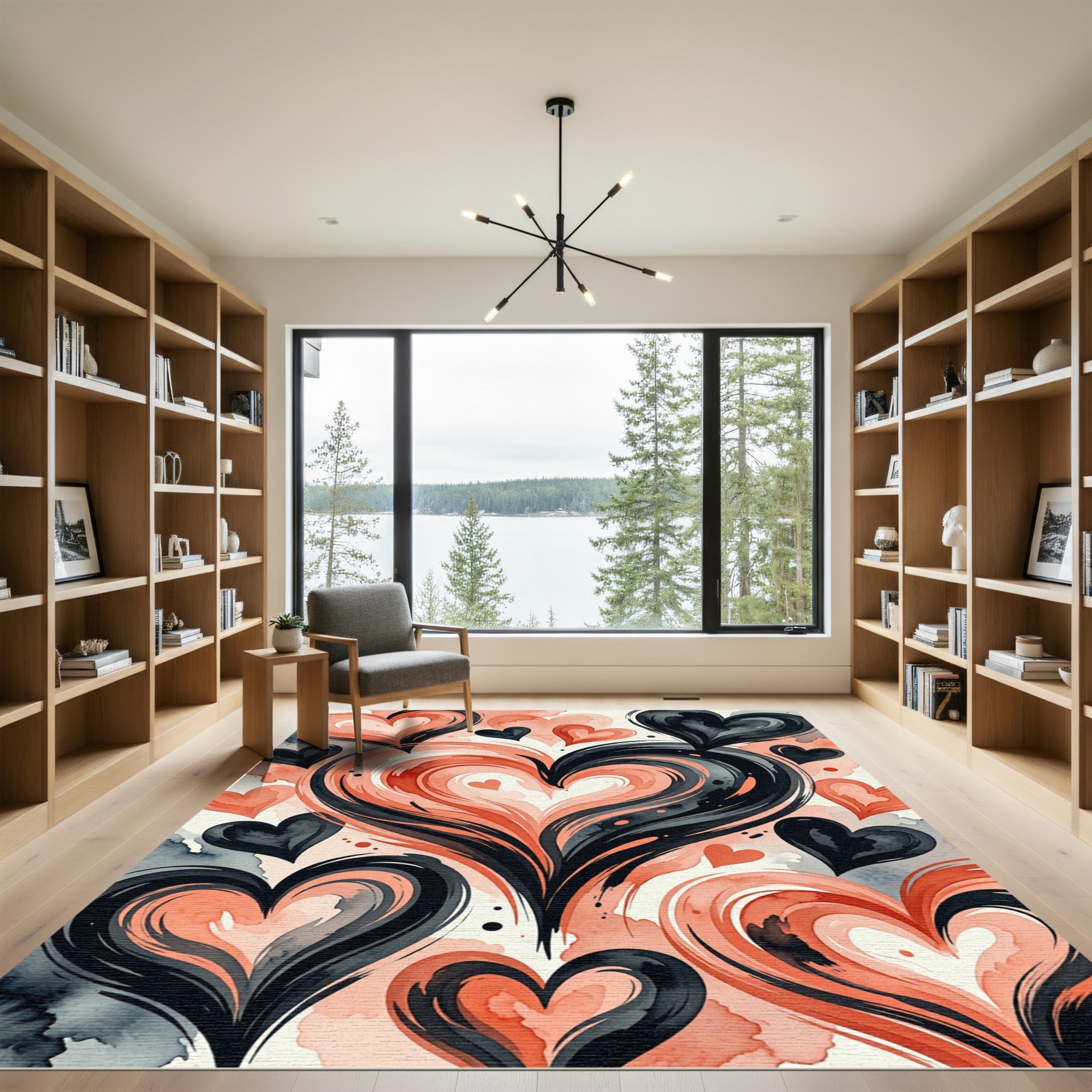 Crimson Black Heart Swirl Watercolor Rug