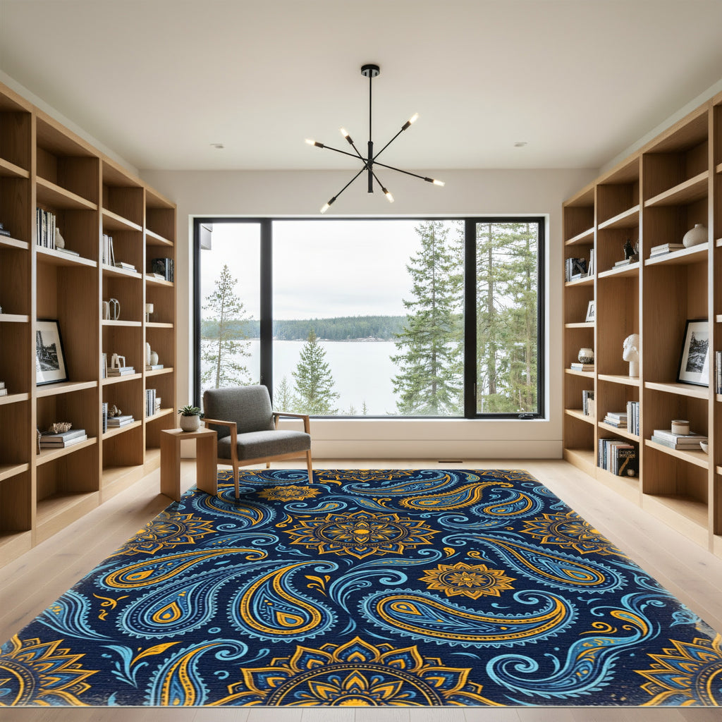 Indigo Blue Gold Paisley Floral Mandala Rug