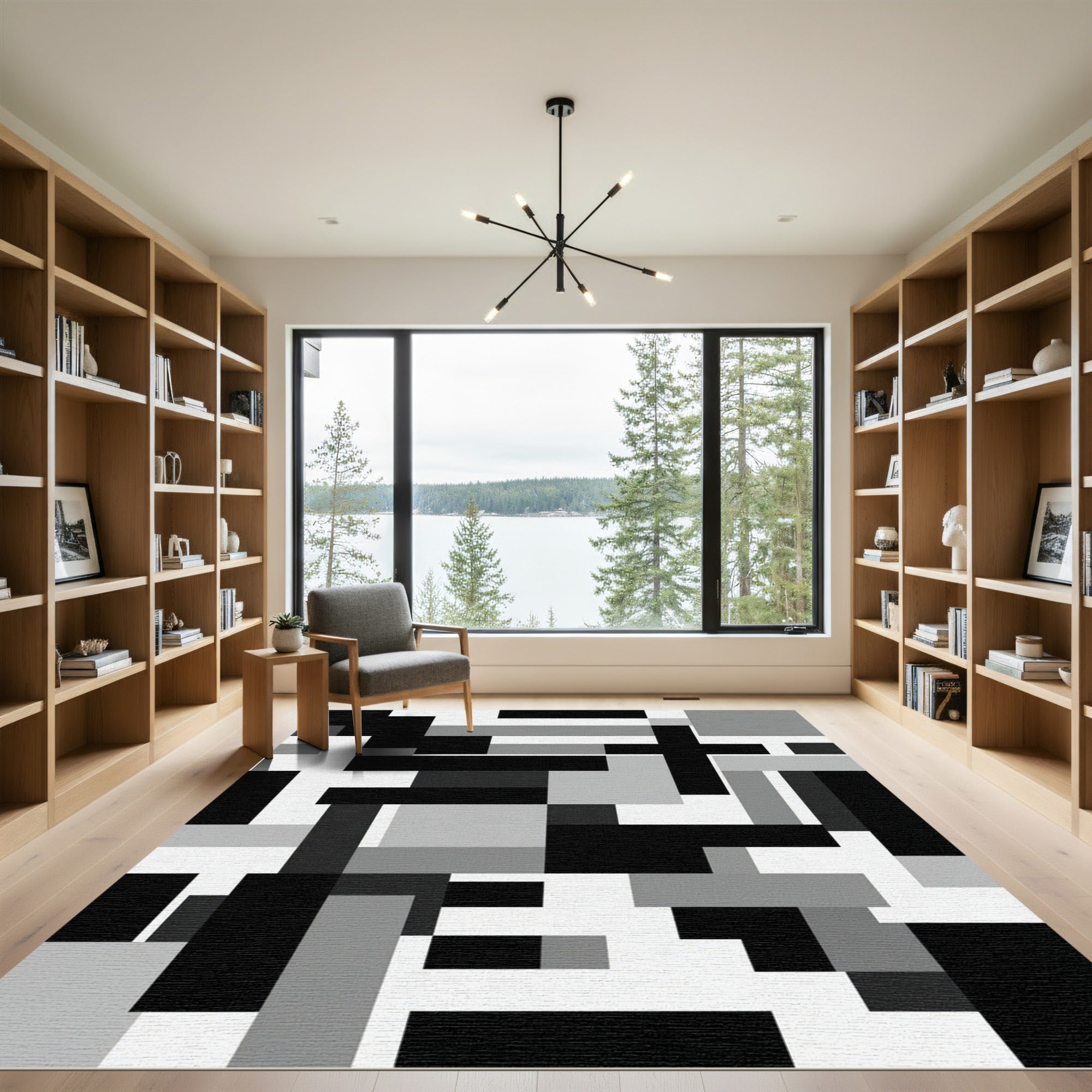 Monochromatic Geometric Abstract Block Art Rug