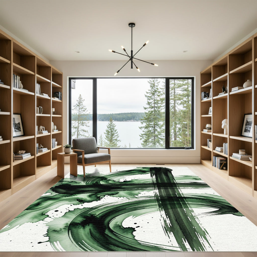 Deep Emerald Green Ink Wash Swirls Rug
