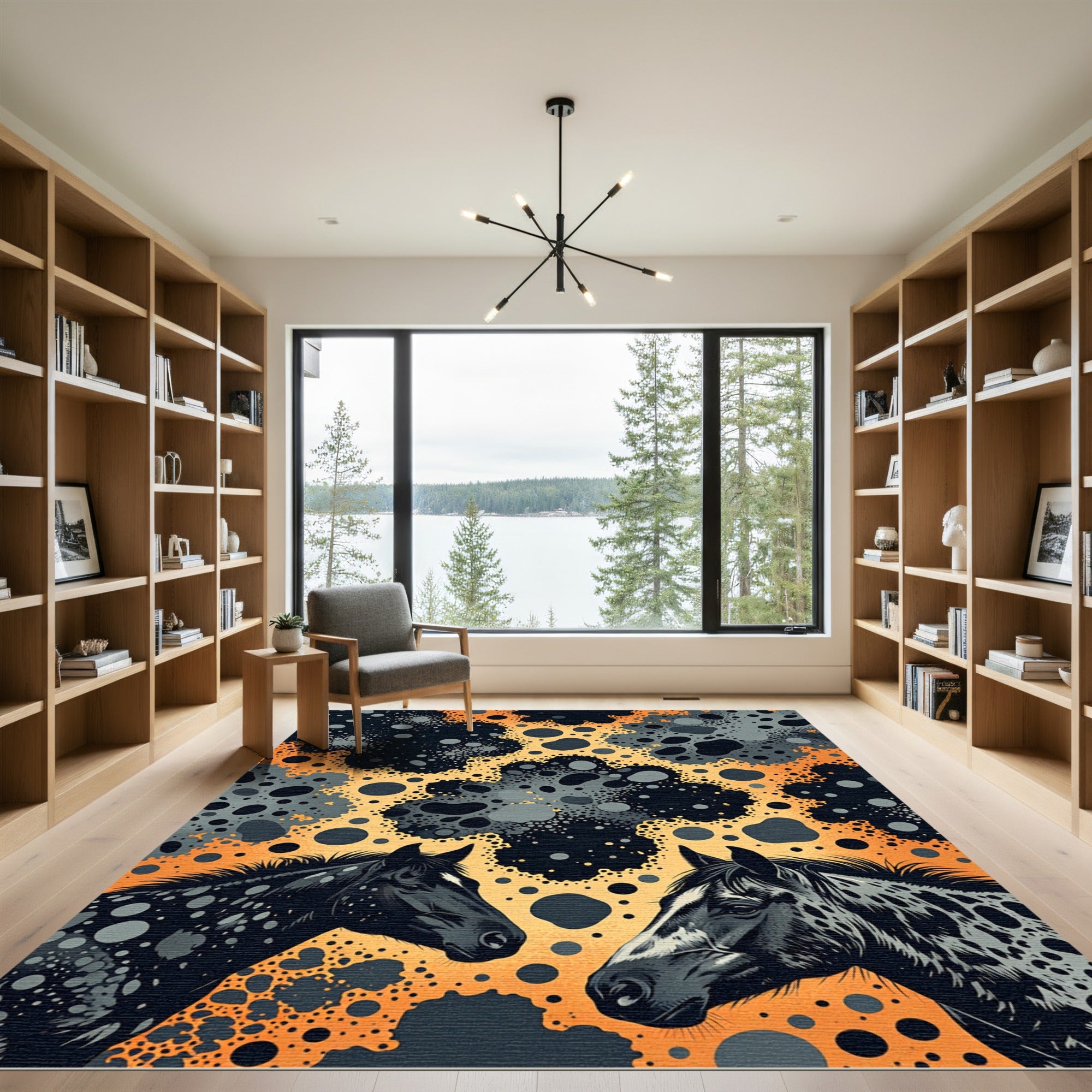 Black Horses Orange Abstract Spot Rug