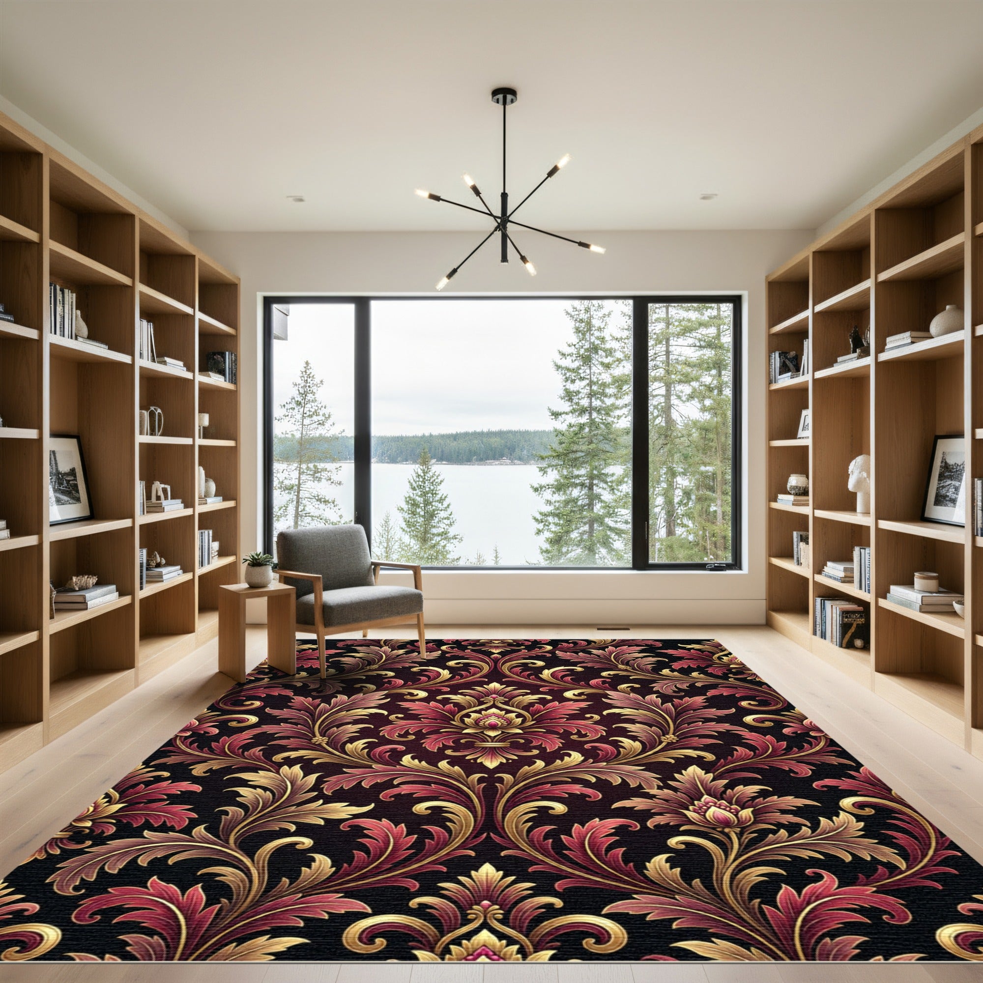 Ornate Burgundy and Gold Damask Rug