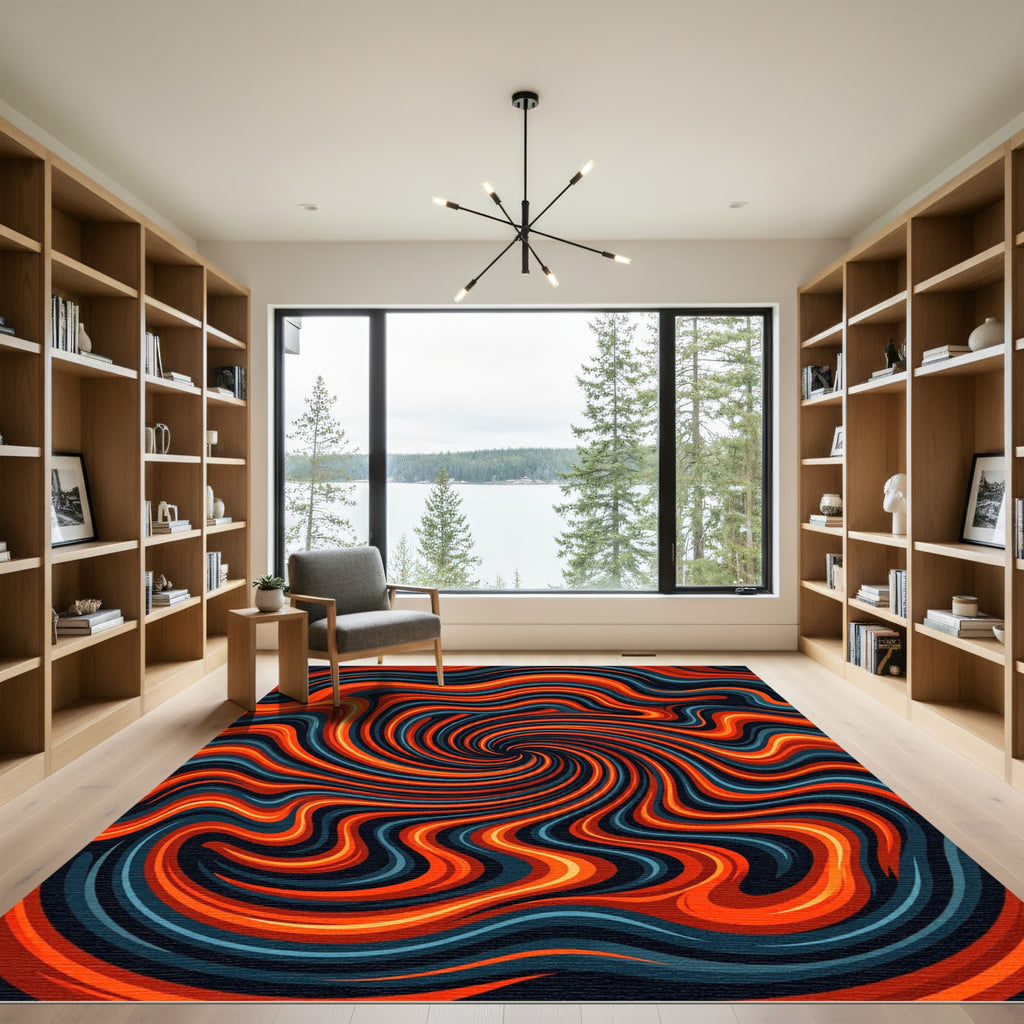 Vibrant Flowing Orange and Teal Swirl Rug