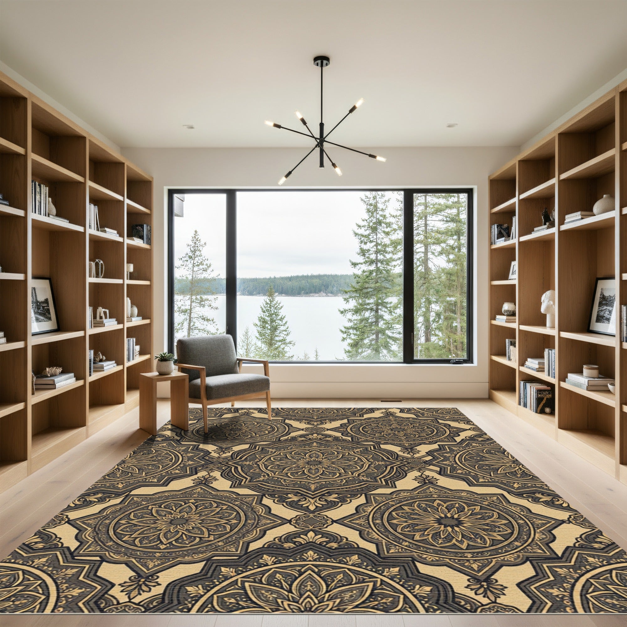 Elegant Gold and Charcoal Floral Medallion Rug