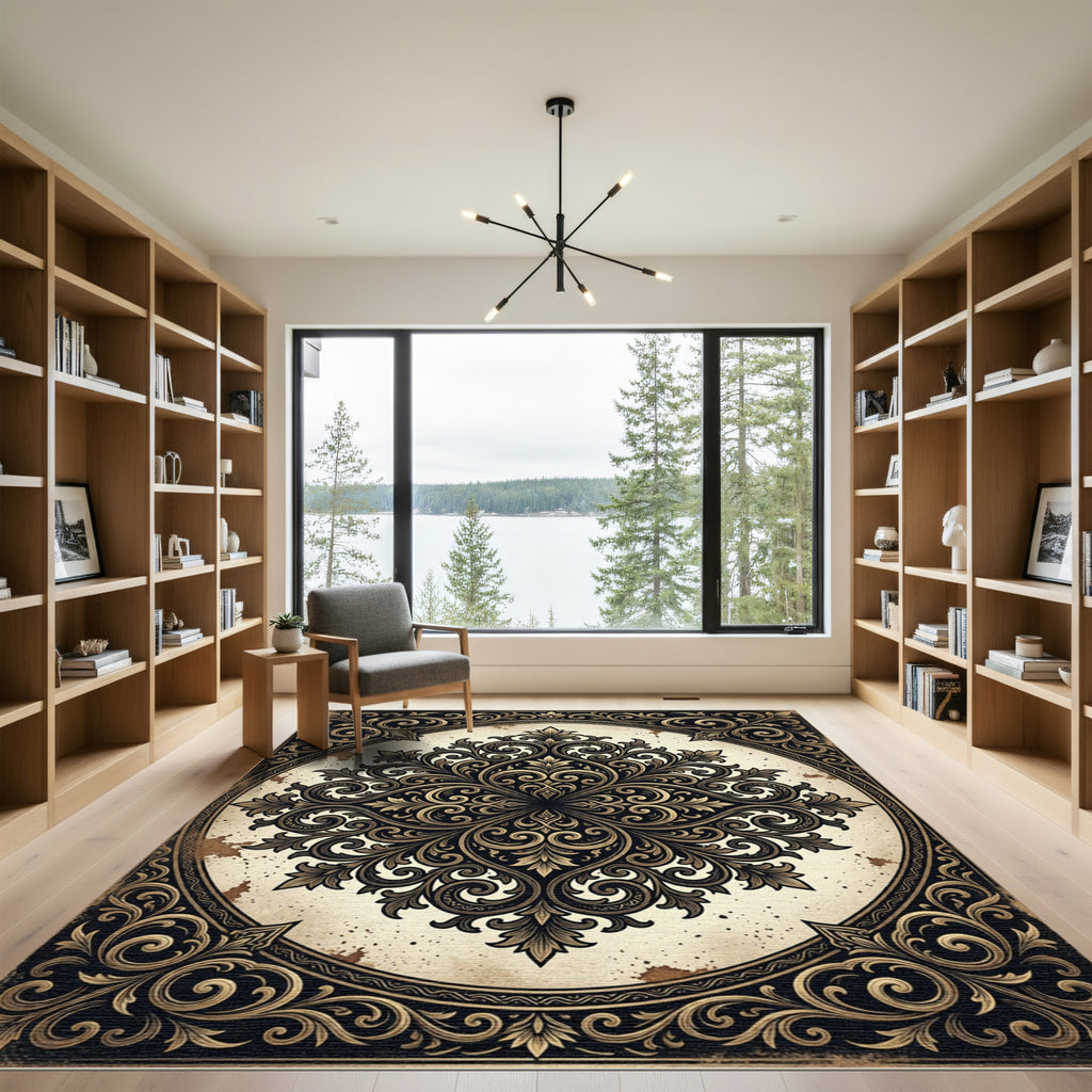 Ornate Gold Ink Damask Scroll Rug