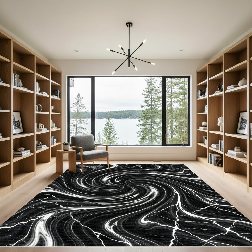 Black White Swirling Lightning Vortex Rug
