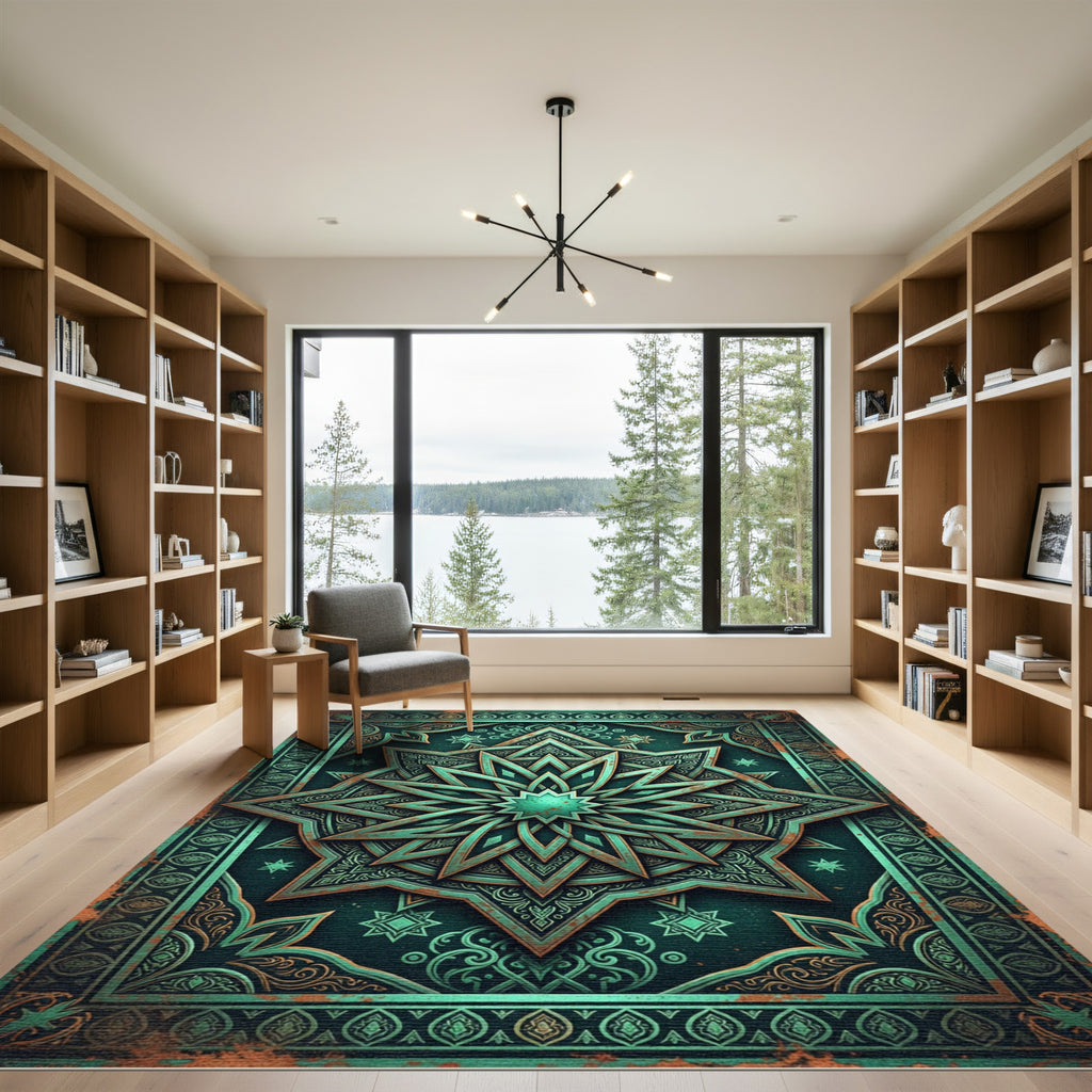 Ornate Teal Celestial Star Medallion Rug
