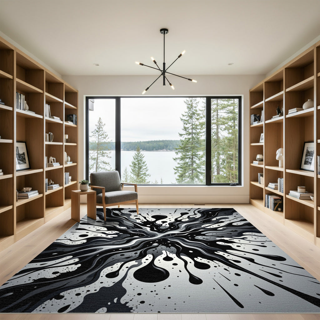 Monochromatic Black Fluid Splash Rug
