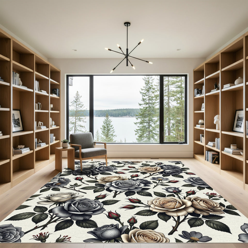 Elegant Noir and Cream Rose Bouquet Rug