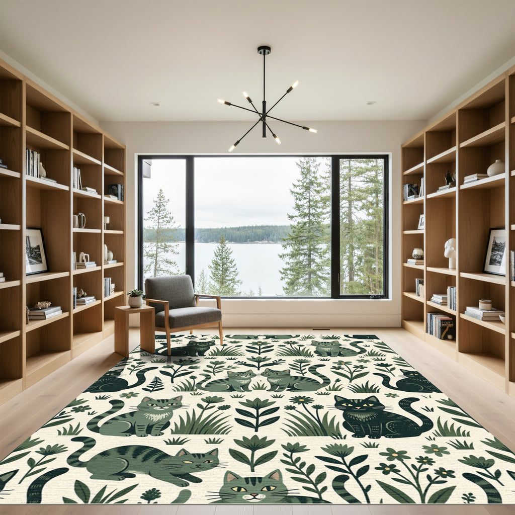 Whimsical Green Cats Floral Meadow Rug