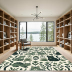 Whimsical Green Cats Floral Meadow Rug