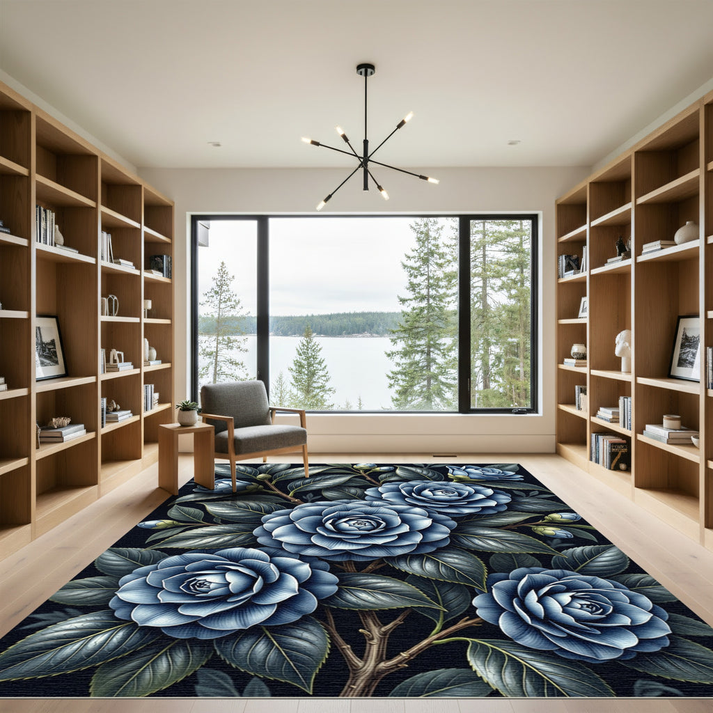 Lush Navy Camellia Floral Botanical Rug