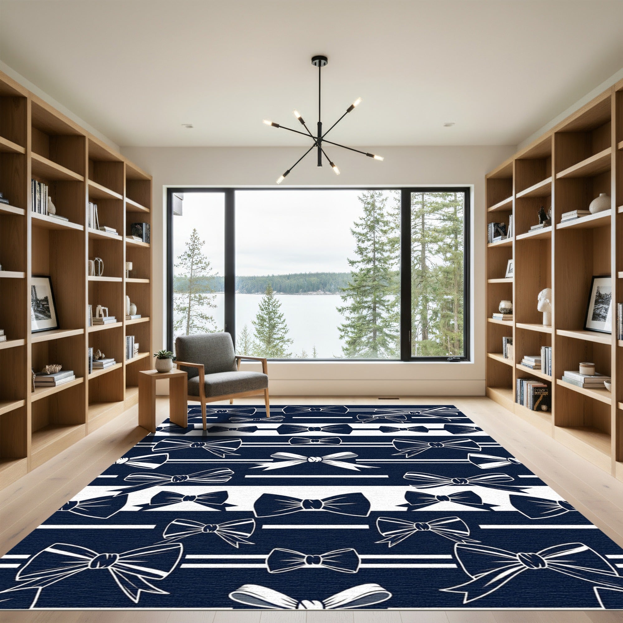 Navy Blue Bow Ribbon Stripe Rug