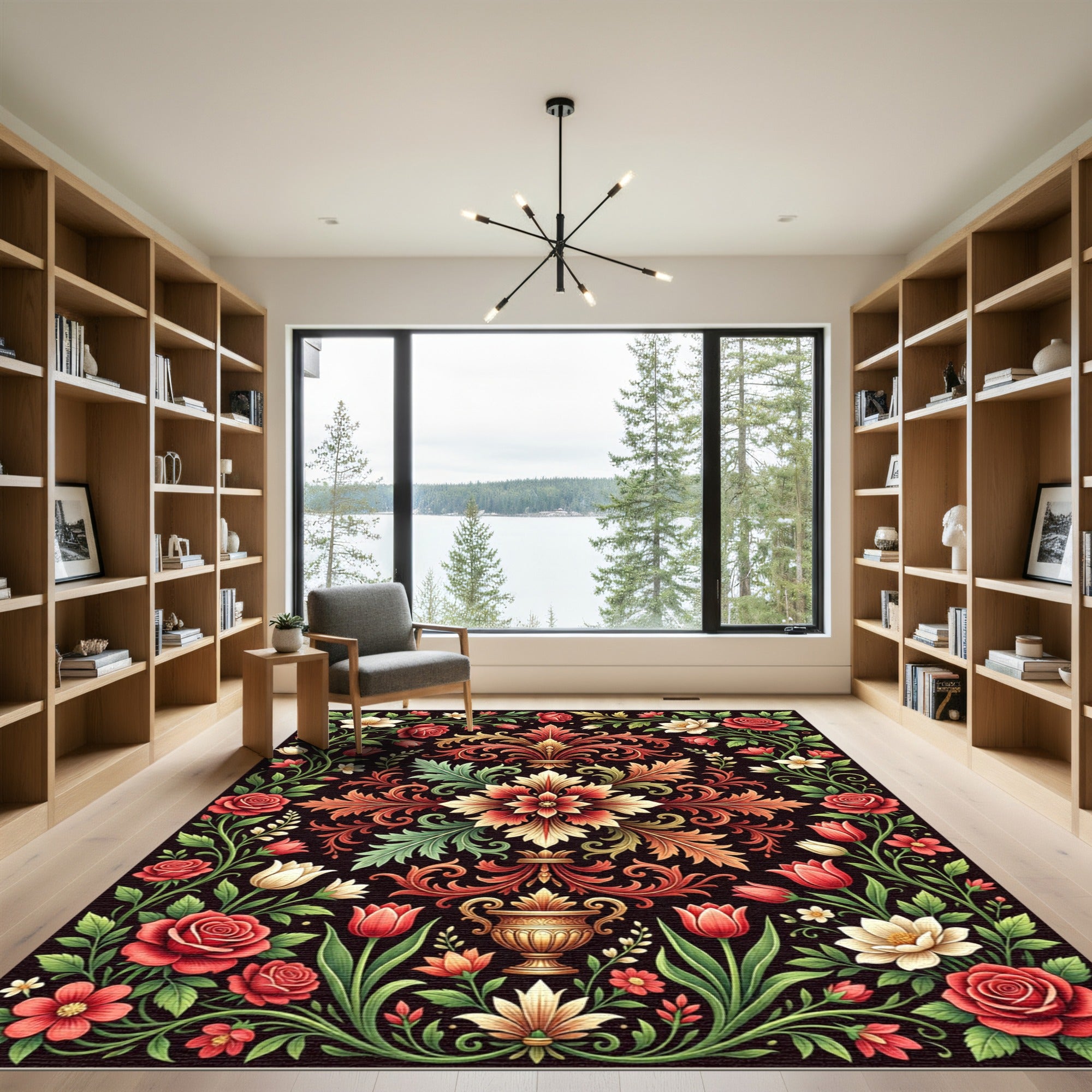 Ornate Crimson Floral Foliage Medallion Rug
