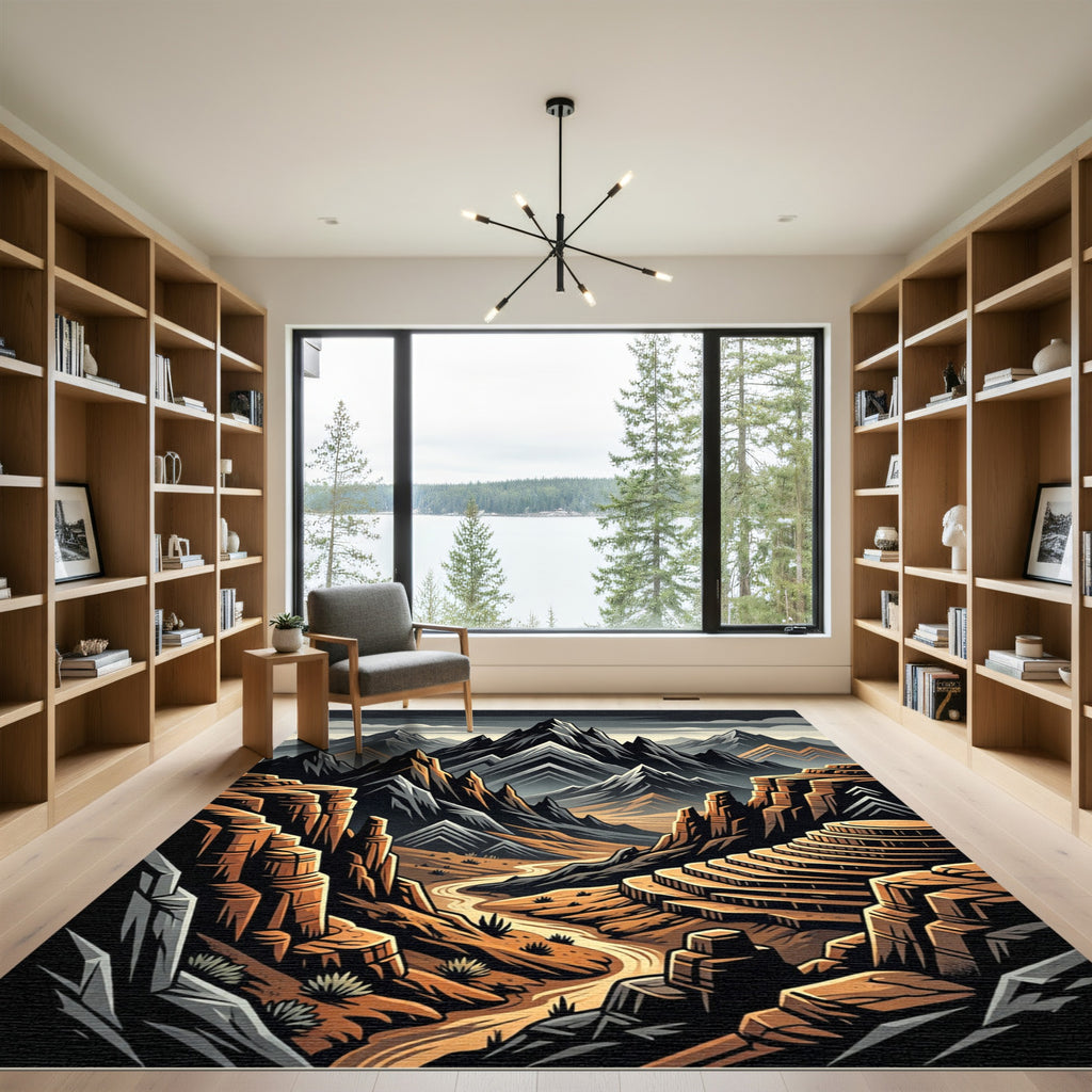 Earthy Canyon Scene Jagged Peaks Rug