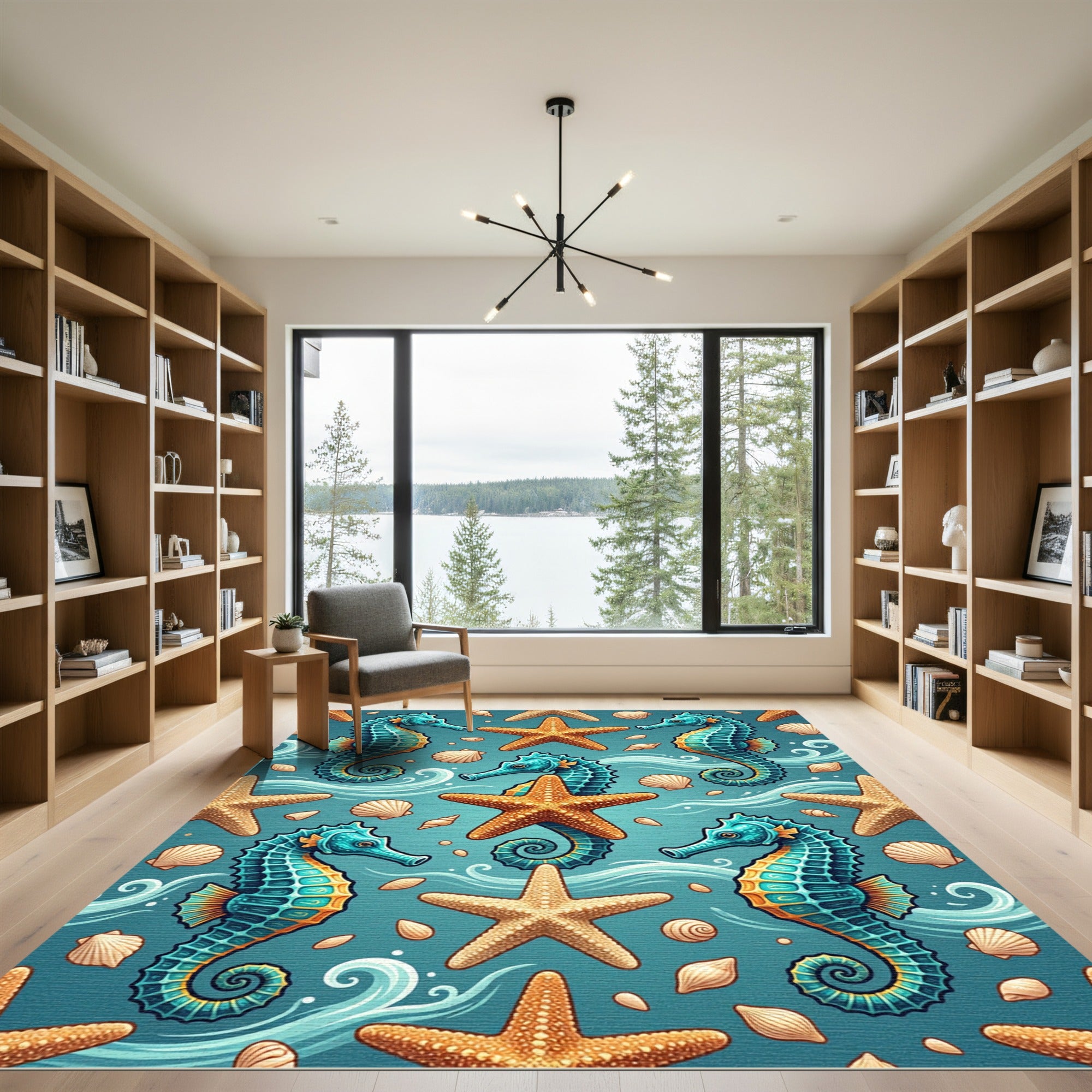 Whimsical Turquoise Seahorse Starfish Ocean Texture Rug
