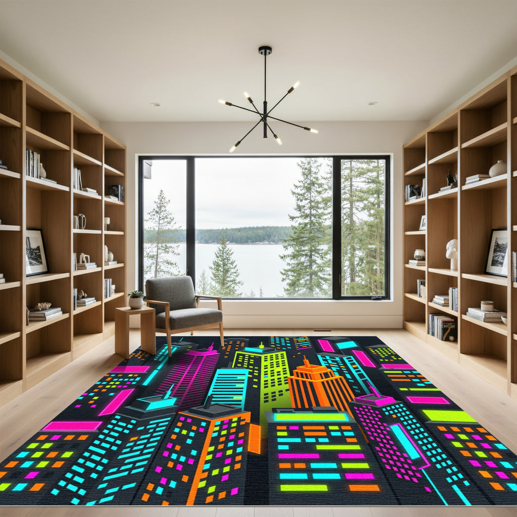 Neon Isometric Cityscape Skyscraper Skyline Rug
