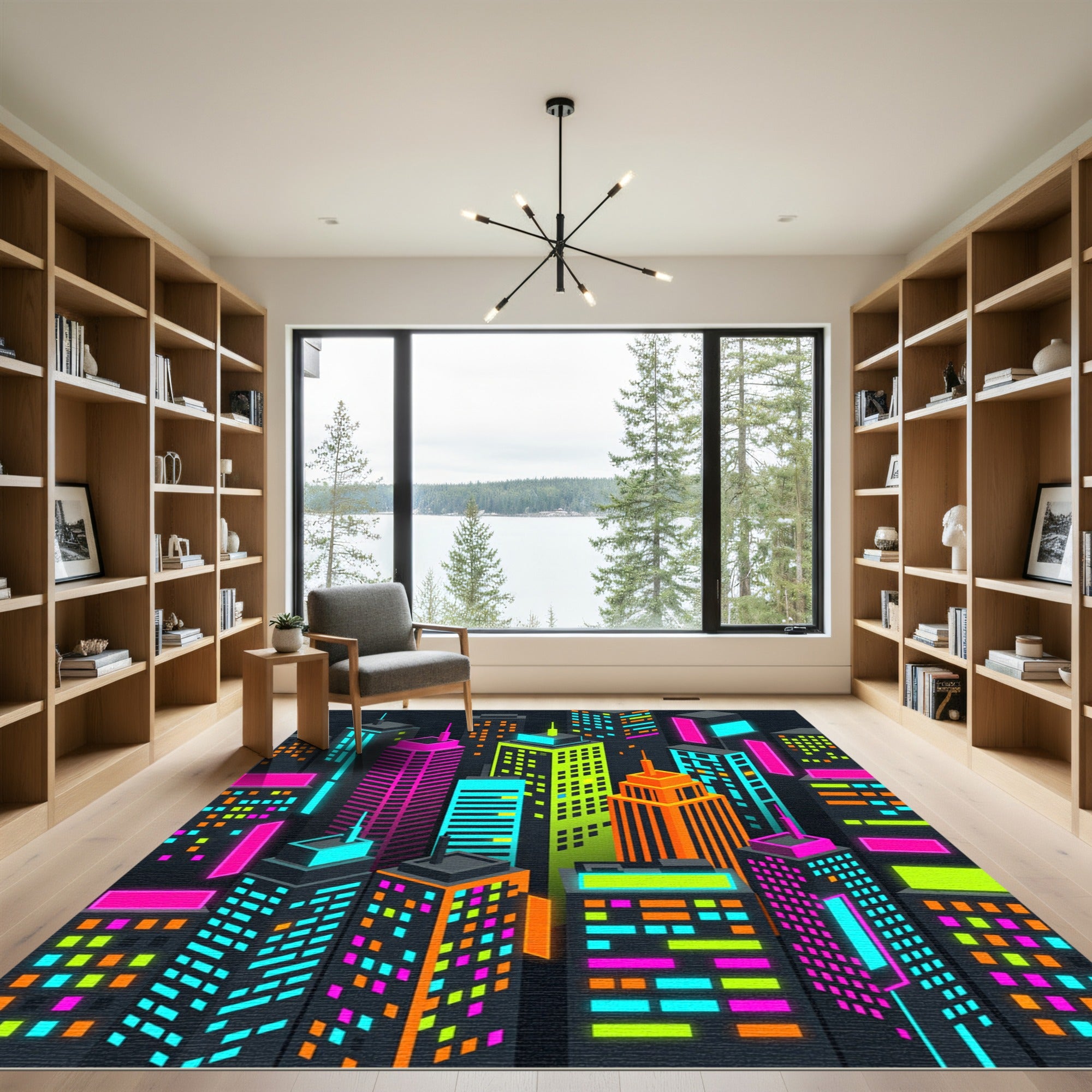 Neon Isometric Cityscape Skyscraper Skyline Rug