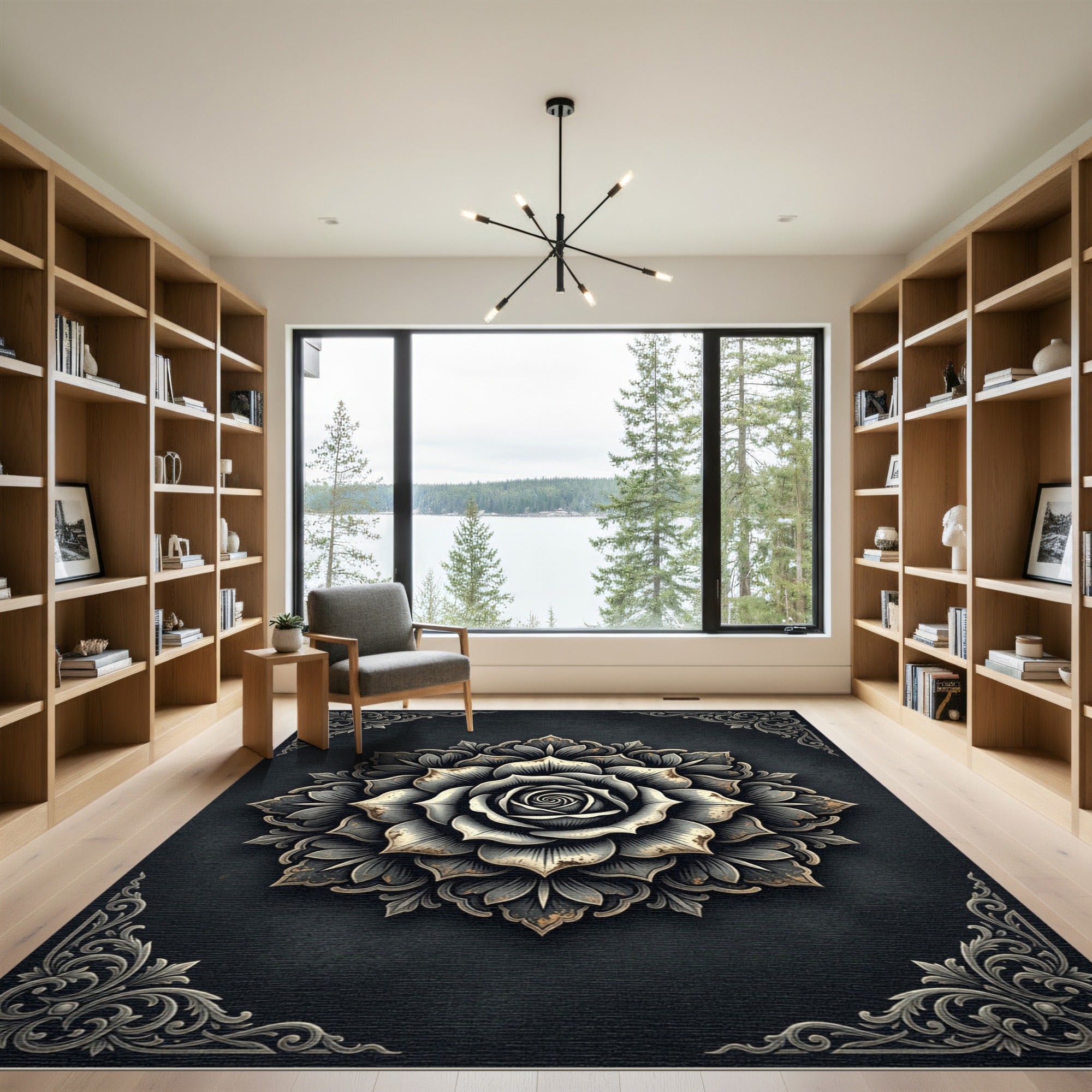 Ornate Monochrome Rose Mandala Medallion Rug