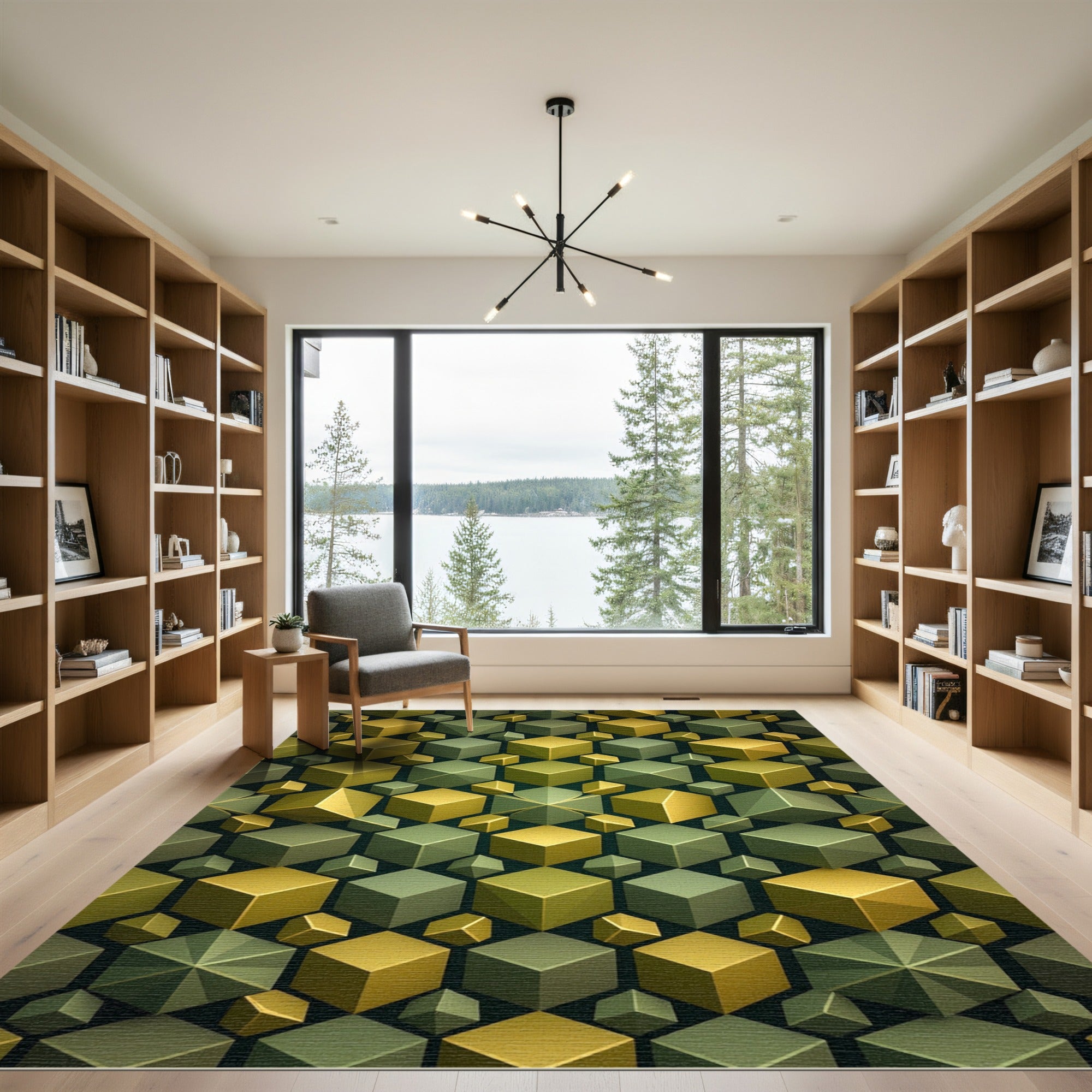 Golden Olive Cubes Geometric Illusion Rug
