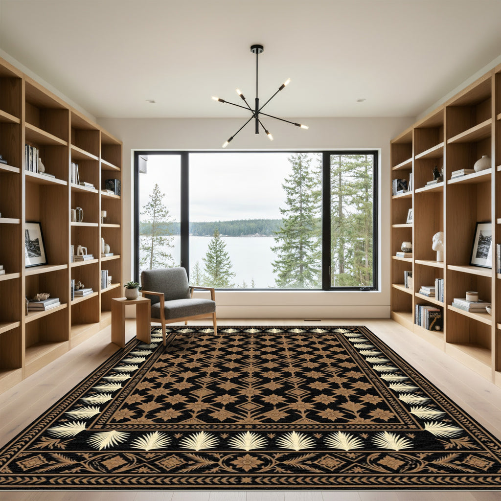 Black and Gold Floral and Leaf Border Rug