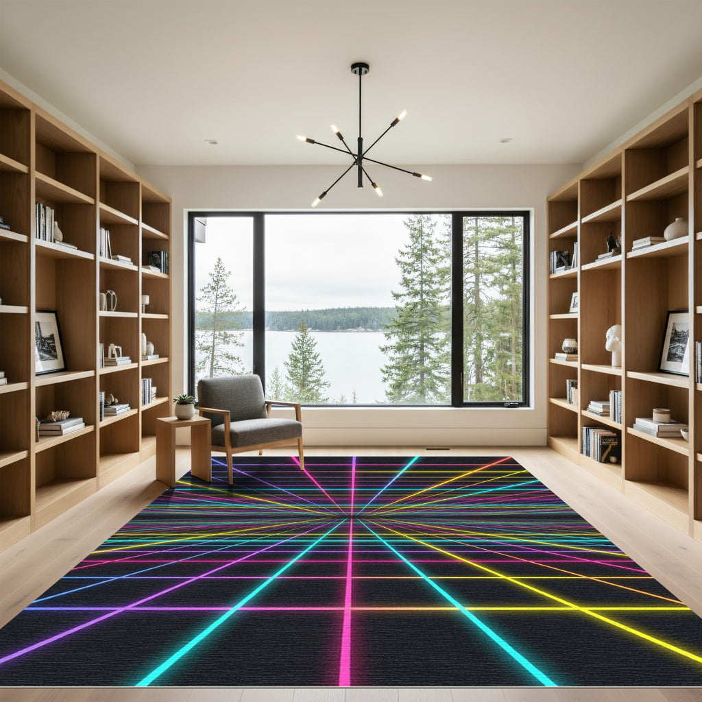 Neon Retrowave Infinite Symmetric Grid Rug
