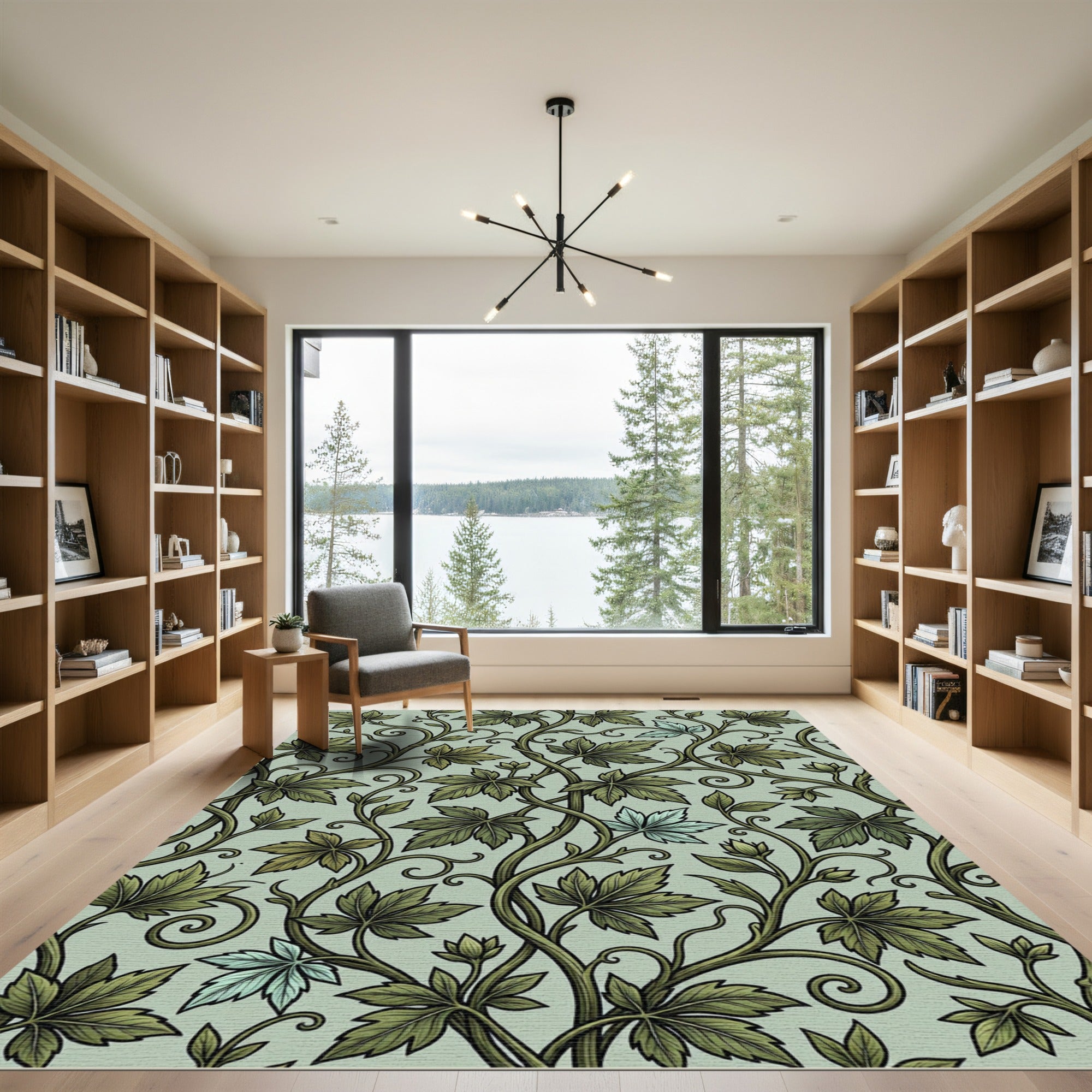 Green Vine Leaf Scrolling Botanical Rug