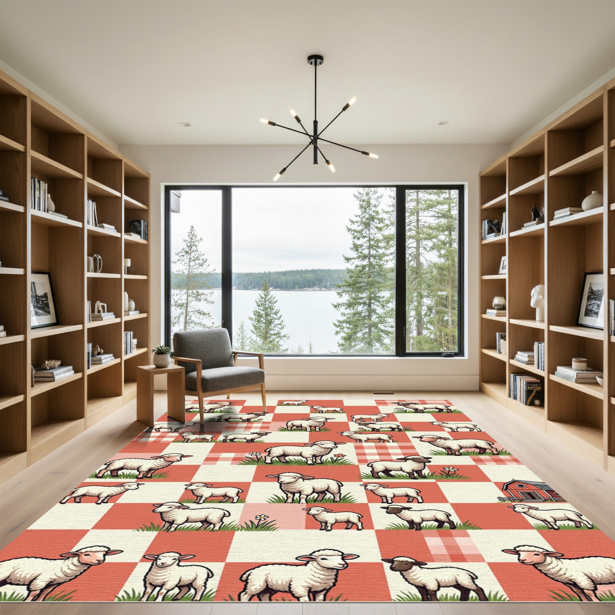 Cute Sheep on Red Gingham Check Rug