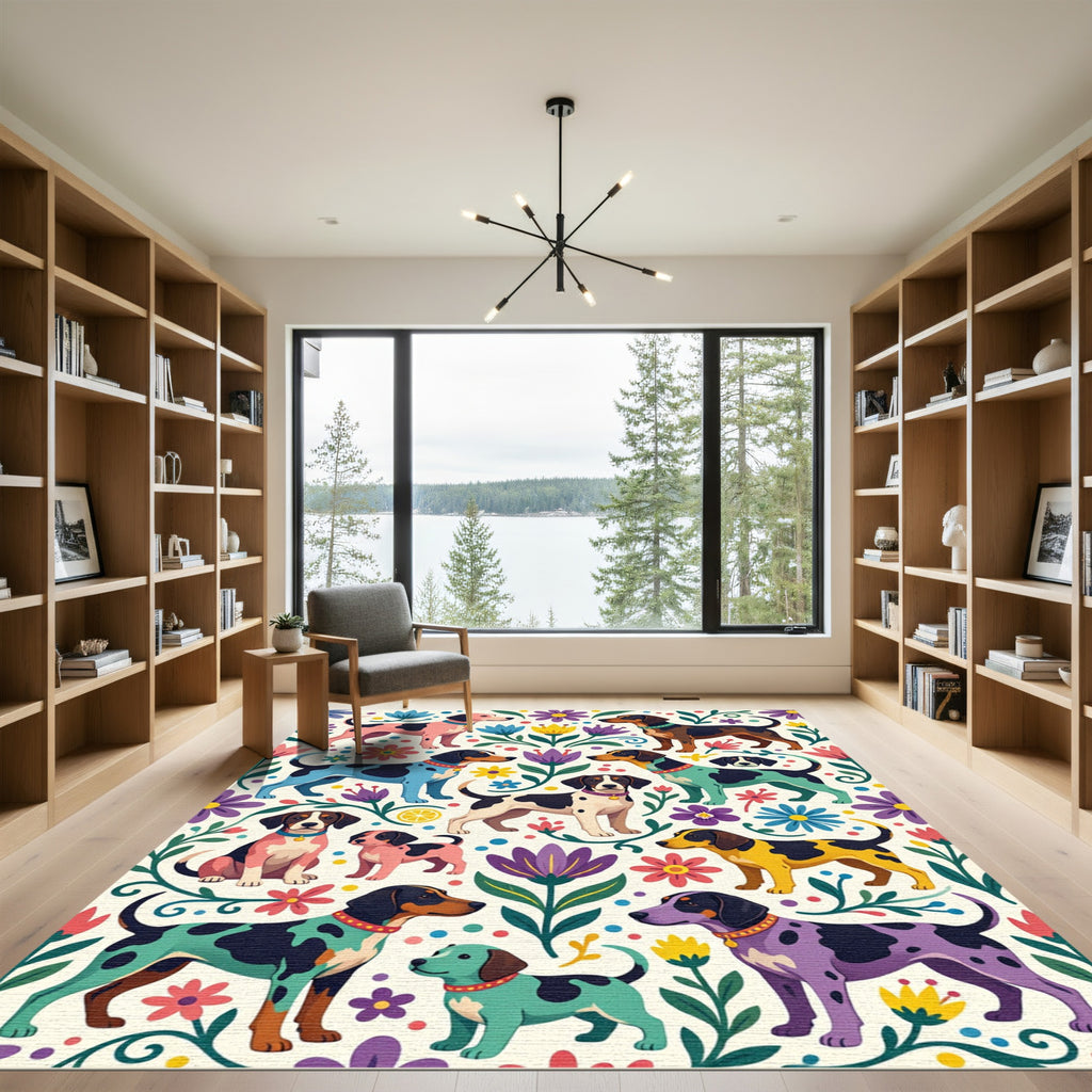 Whimsical Colorful Hound and Floral Meadow Rug