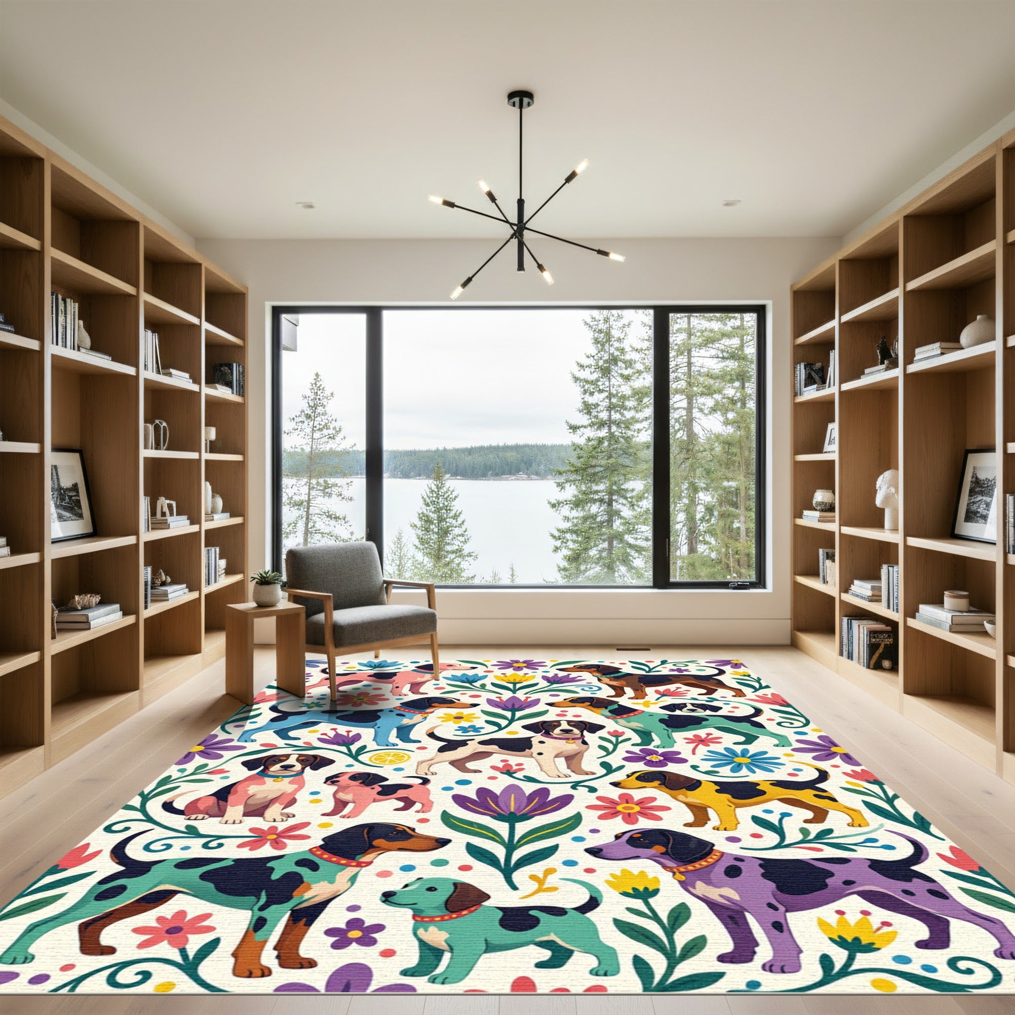 Whimsical Colorful Hound and Floral Meadow Rug