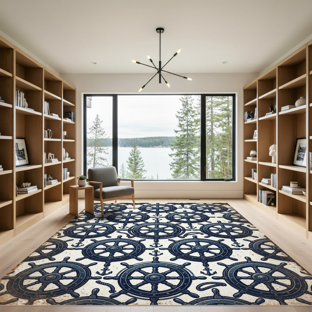Navy Nautical Helm and Anchor Texture Rug