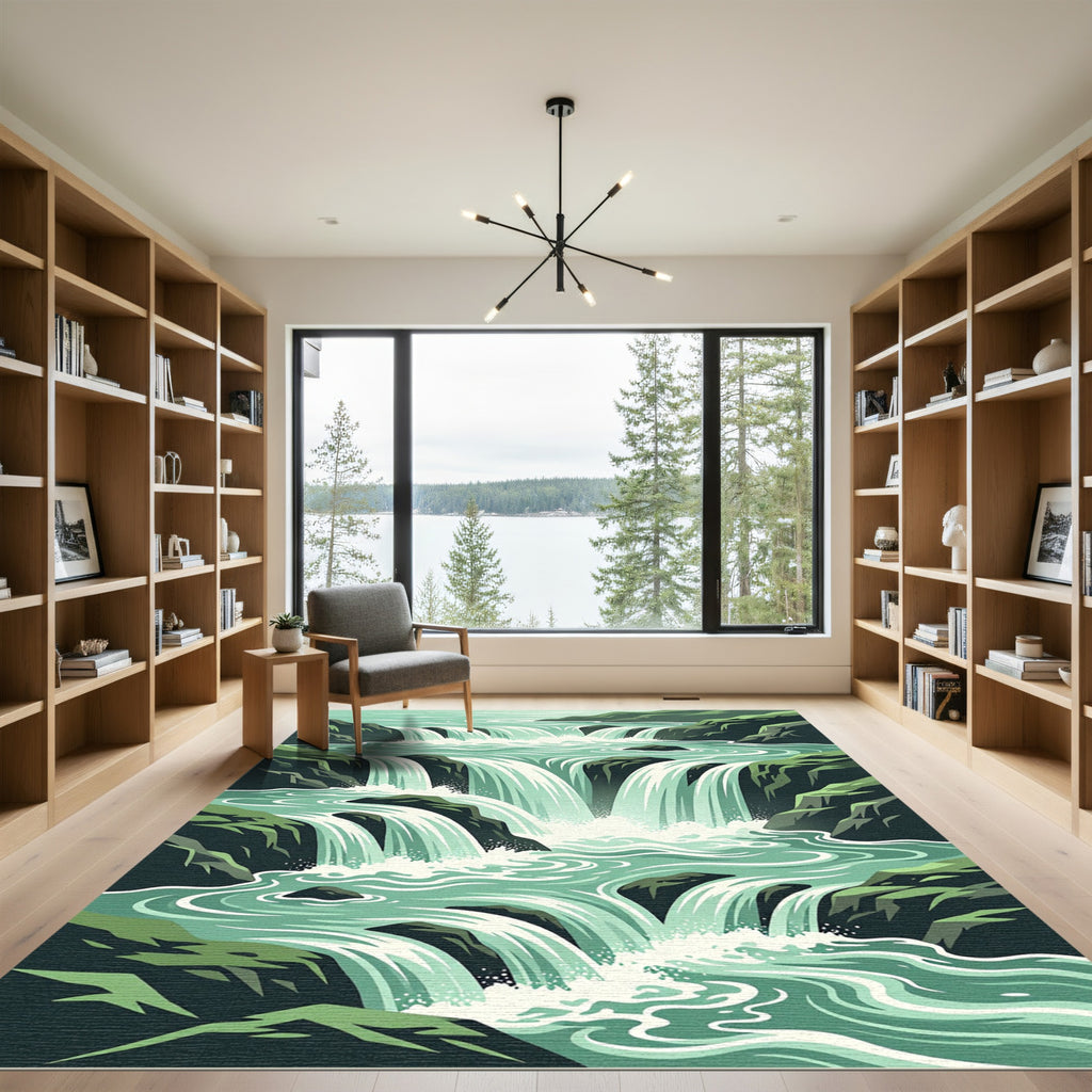 Cascading Emerald Mountain Waterfall Landscape Rug