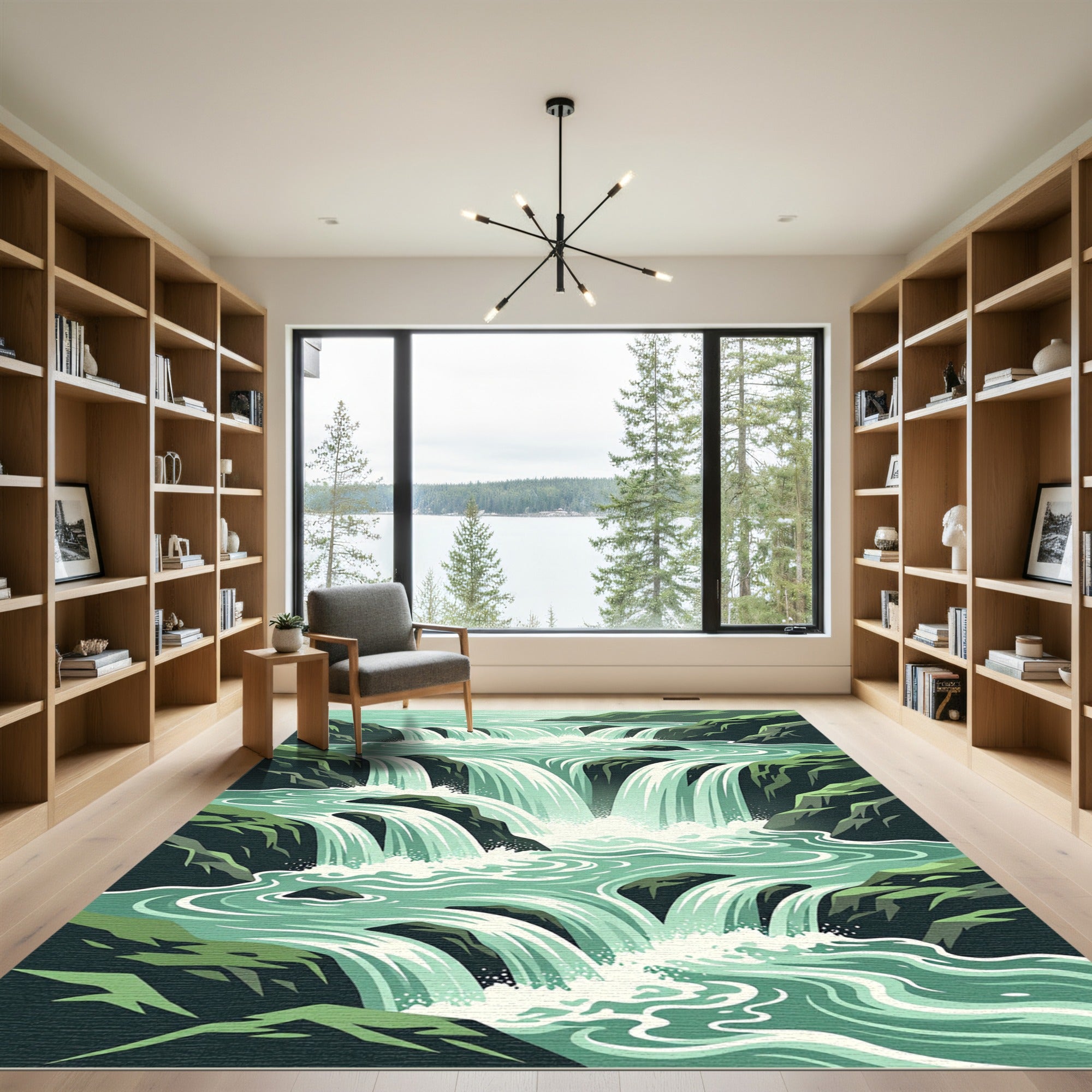 Cascading Emerald Mountain Waterfall Landscape Rug