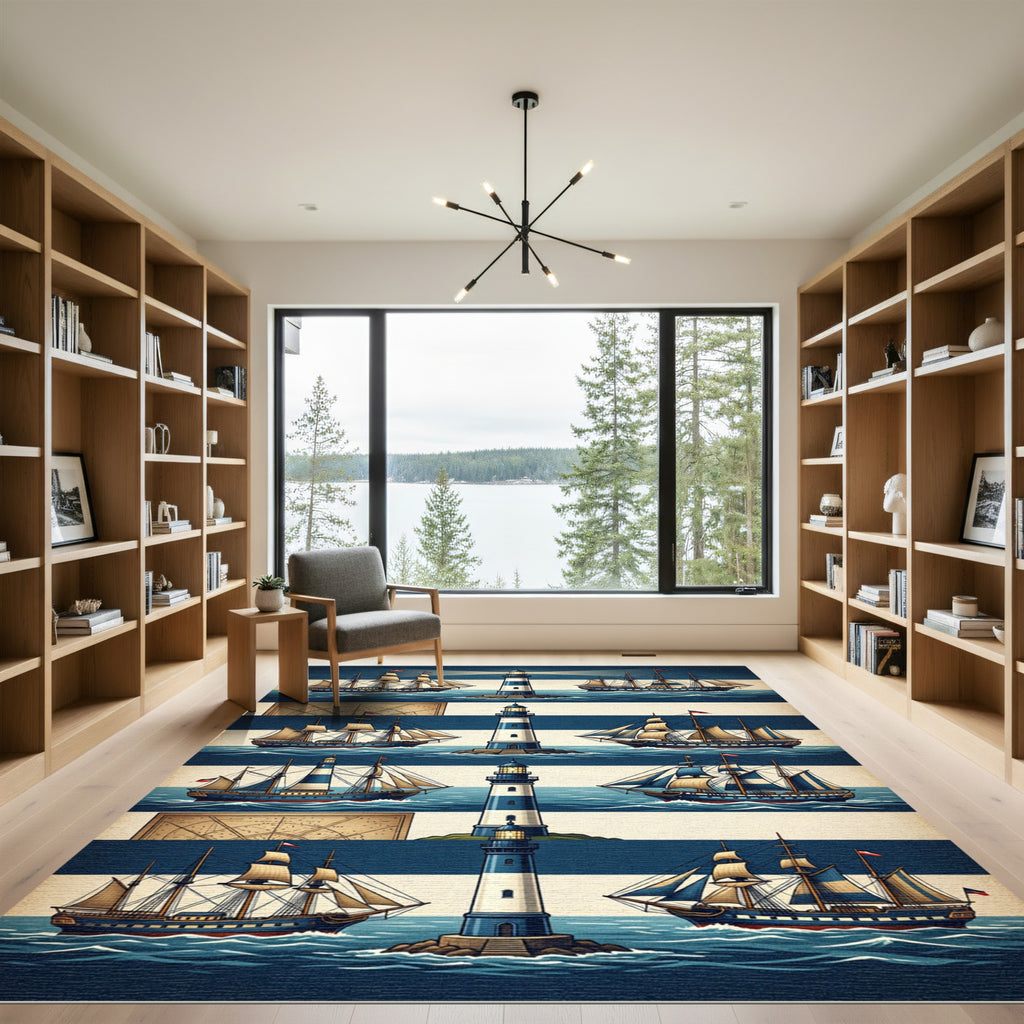 Nautical Lighthouse Blue Striped Maritime Scene Rug