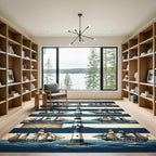 Nautical Lighthouse Blue Striped Maritime Scene Rug