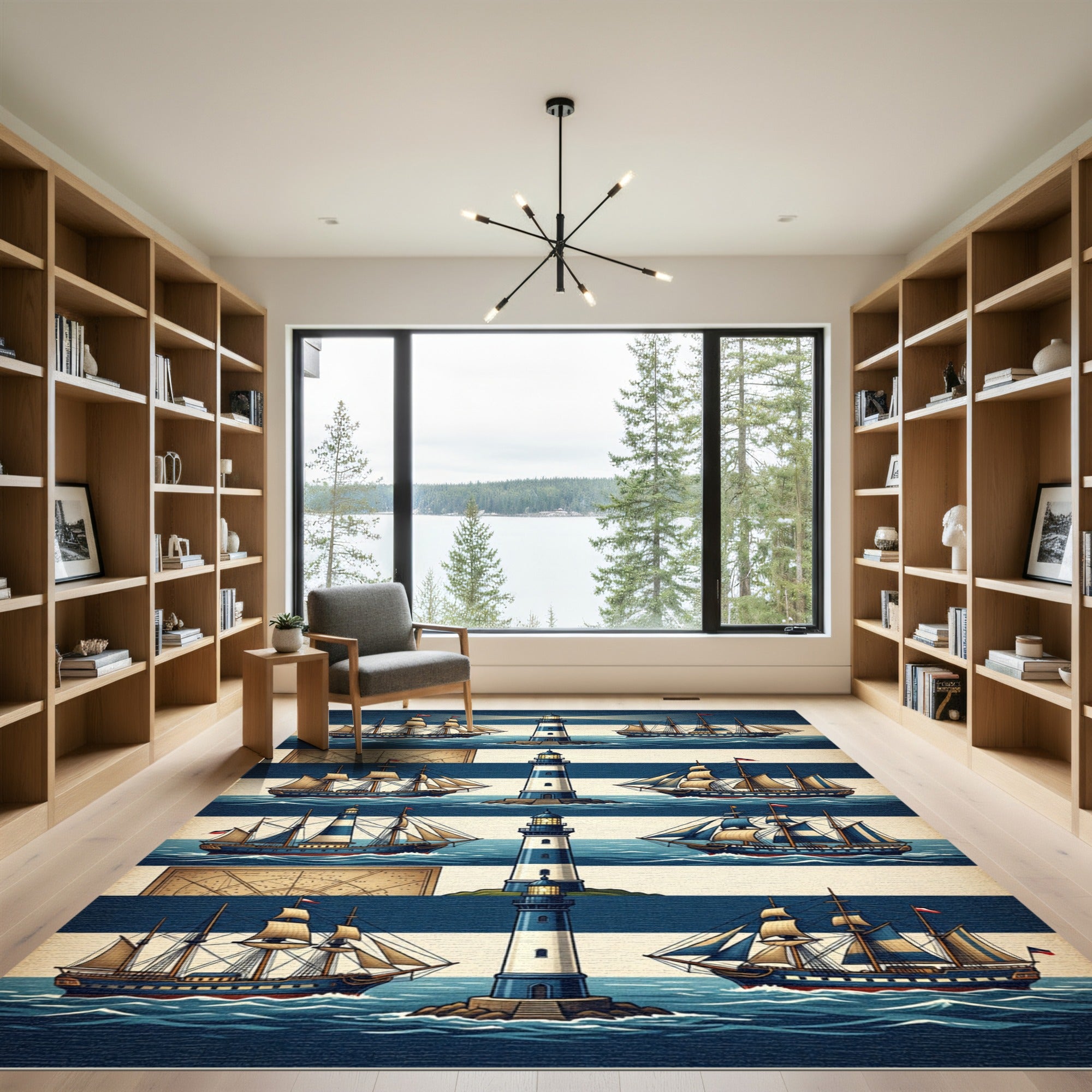 Nautical Lighthouse Blue Striped Maritime Scene Rug